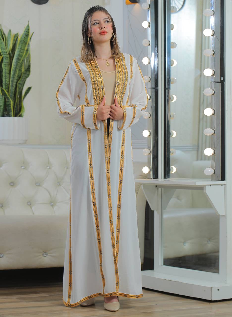 Golden Touch Open Abaya white cardigan by Palestinian Elegance with gold embroidered trim and long open front