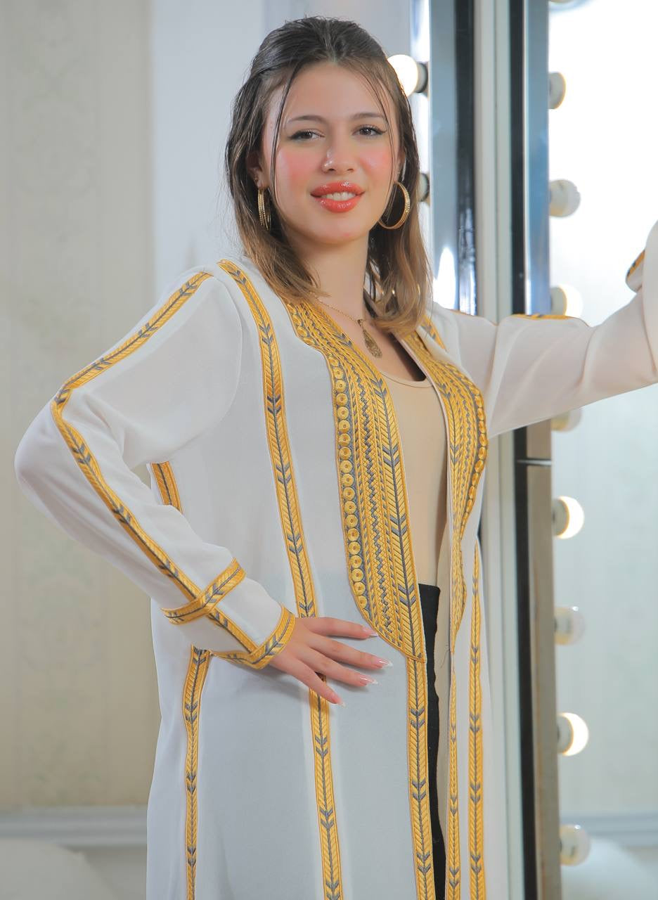 Palestinian Elegance Golden Touch Open Abaya white cardigan with gold embroidery and open front