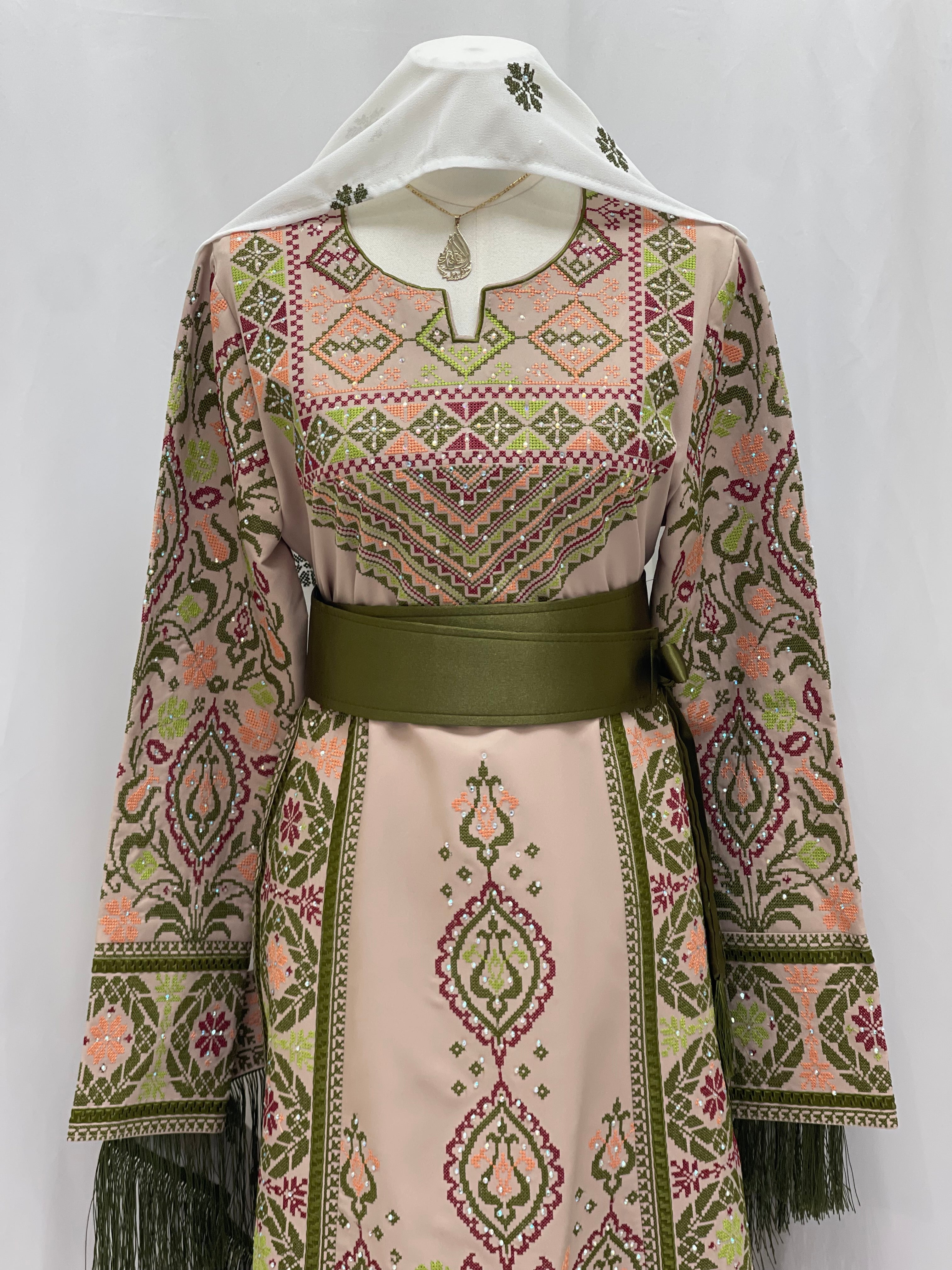 Green Ruby Embroidered Thobe with intricate floral designs and a matching headscarf