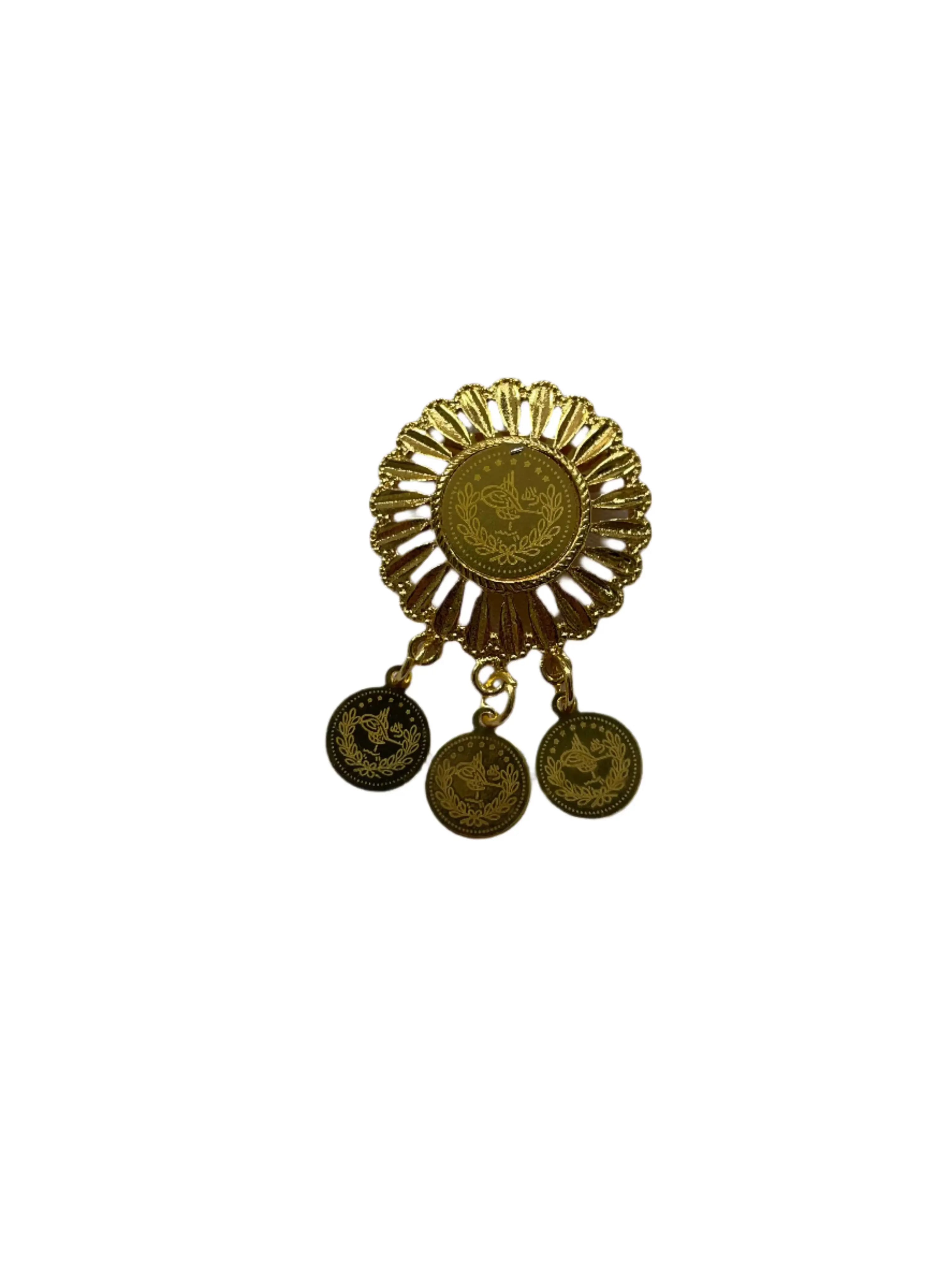 Imitation gold lapel pin by Palestinian Elegance with floral design and dangling coin charms