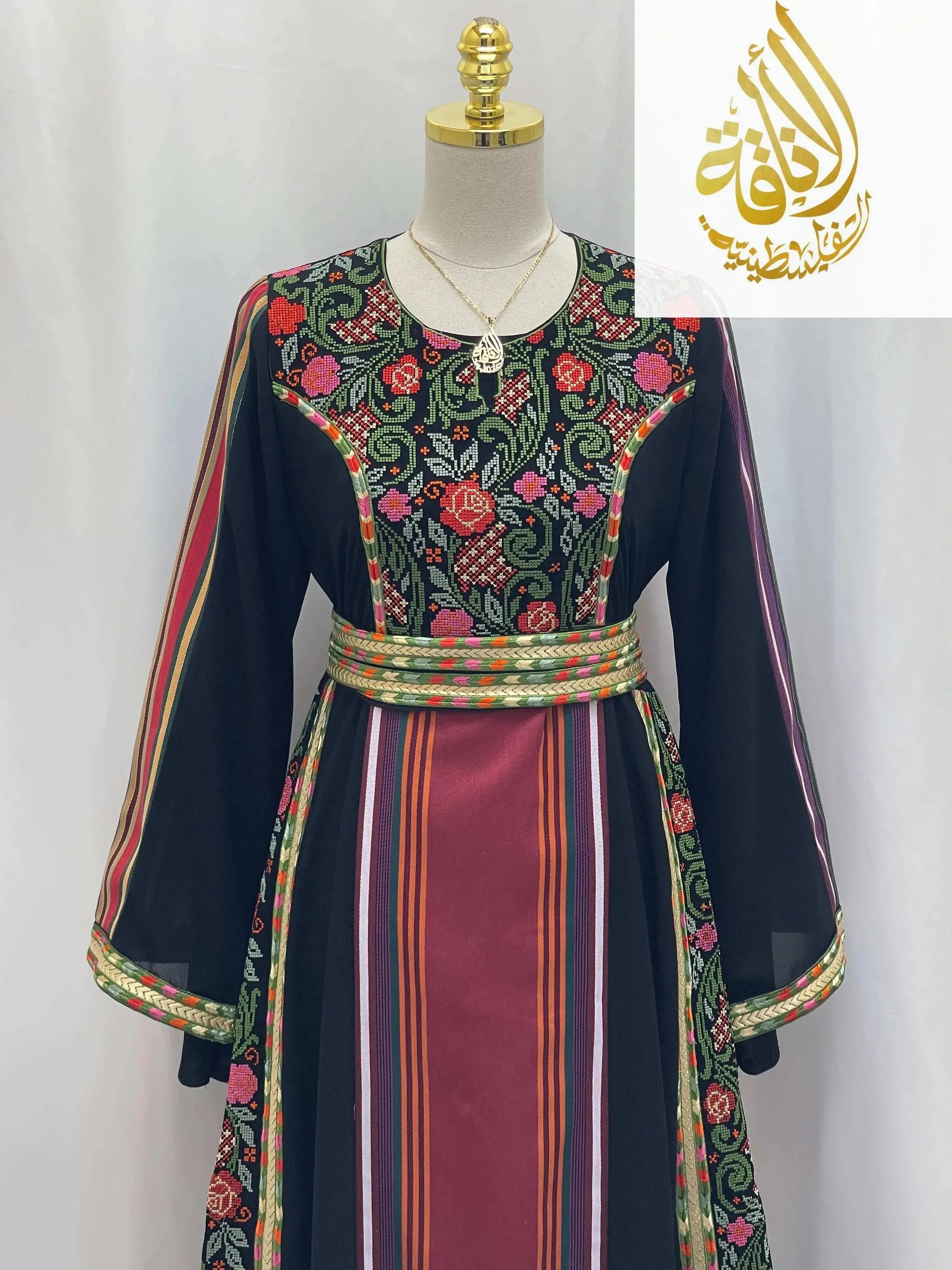 Palestinian Elegance Haya Embroidered Majdalawe Dress thoub with floral embroidery and striped patterns