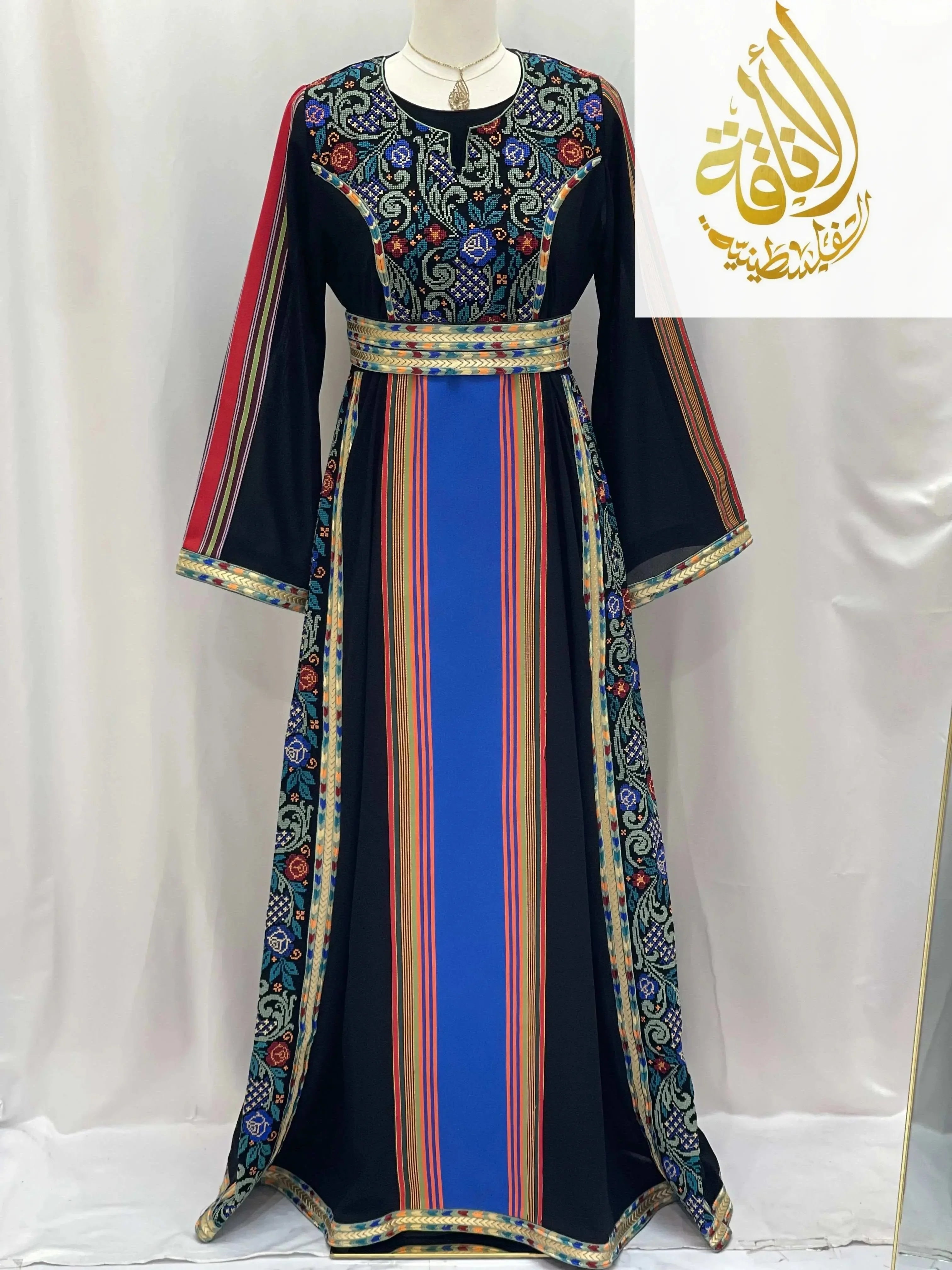 Palestinian Elegance Haya Embroidered Majdalawe Dress thoub with floral embroidery and striped pattern