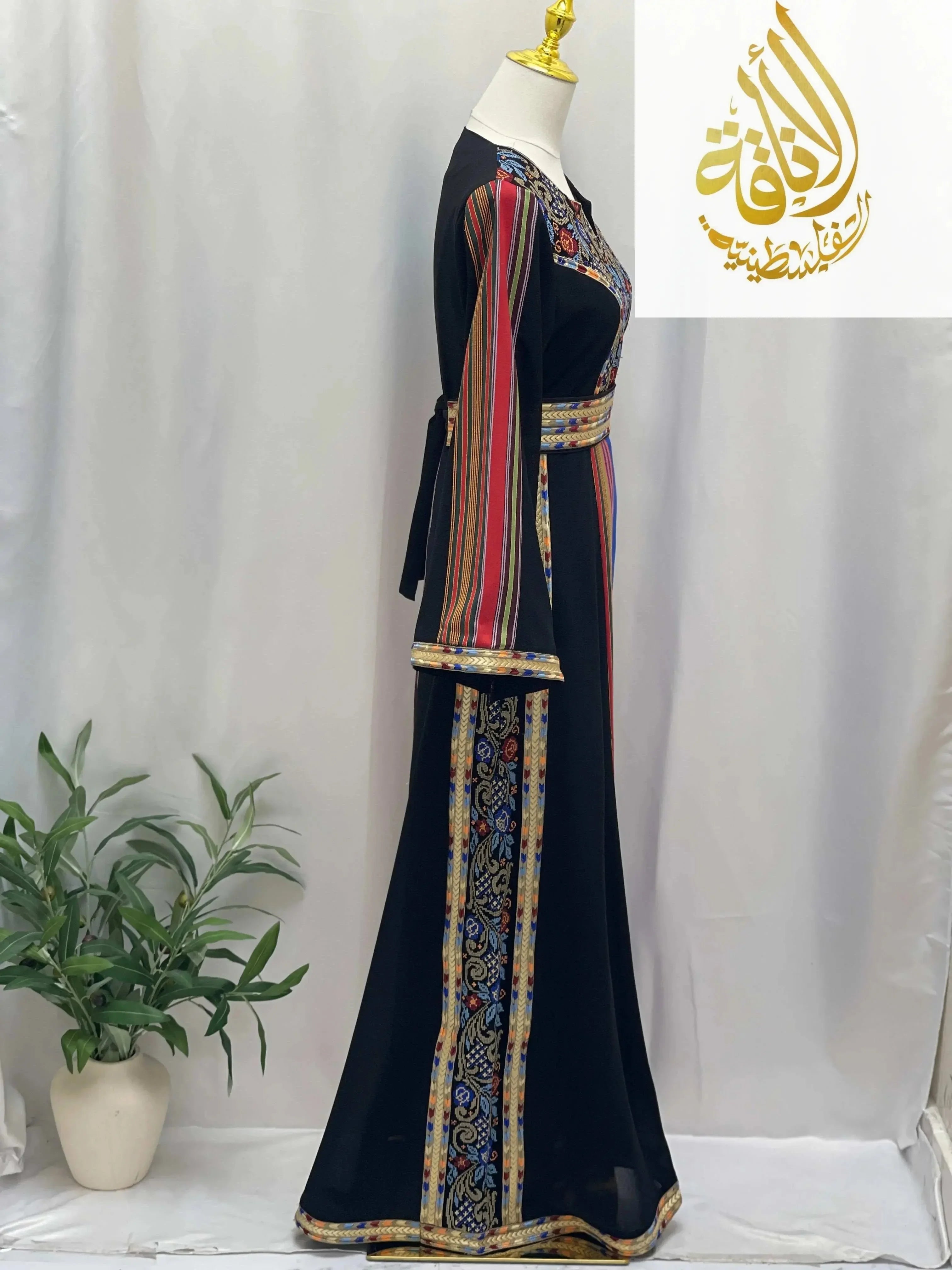 Palestinian Elegance Haya Embroidered Majdalawe Dress Thoub with traditional embroidery and striped sleeves