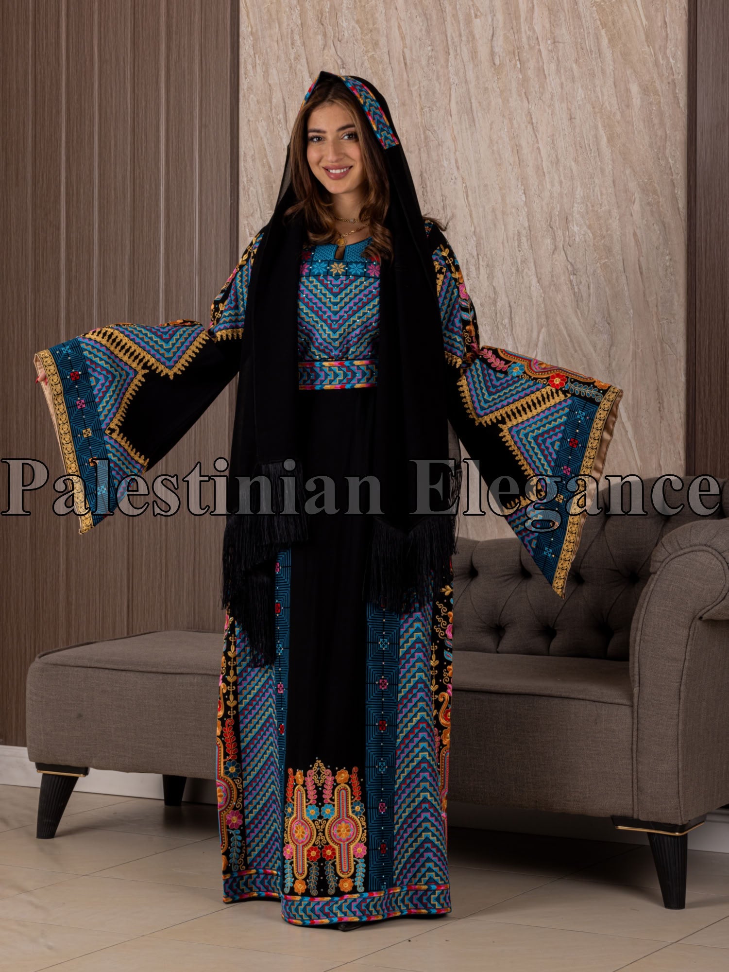 Hidaya Embroidered Thoub | Belted Cultural Elegance - Palestinian Elegance