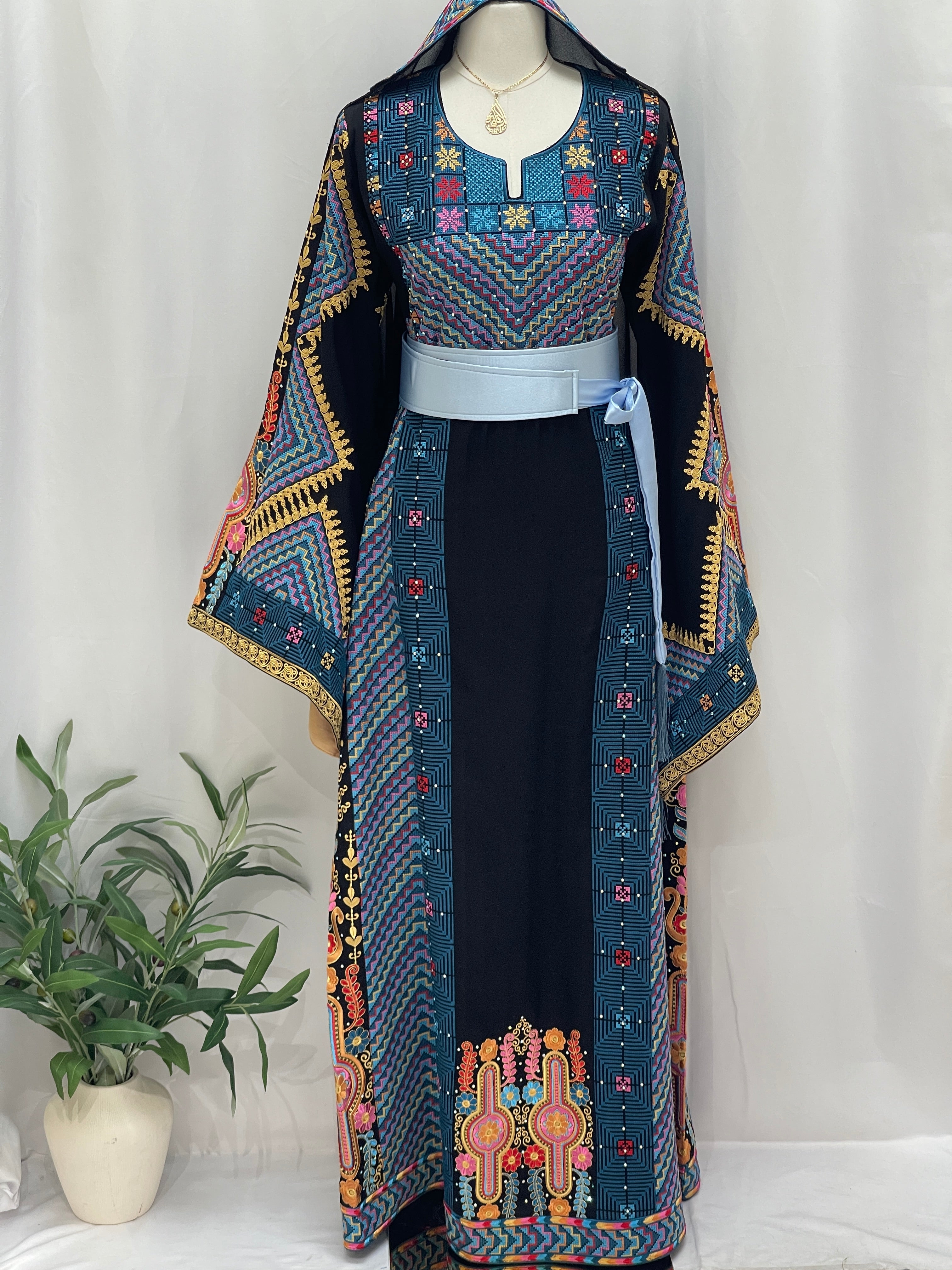 Hidaya Embroidered Thoub | Belted Cultural Elegance - Palestinian Elegance