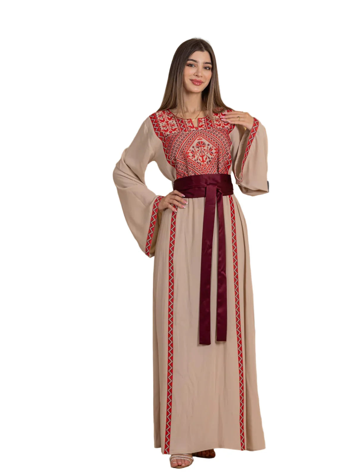 Huda Simply Embroidered Thoub beige maxi thoub featuring red Palestinian embroidery and burgundy sash
