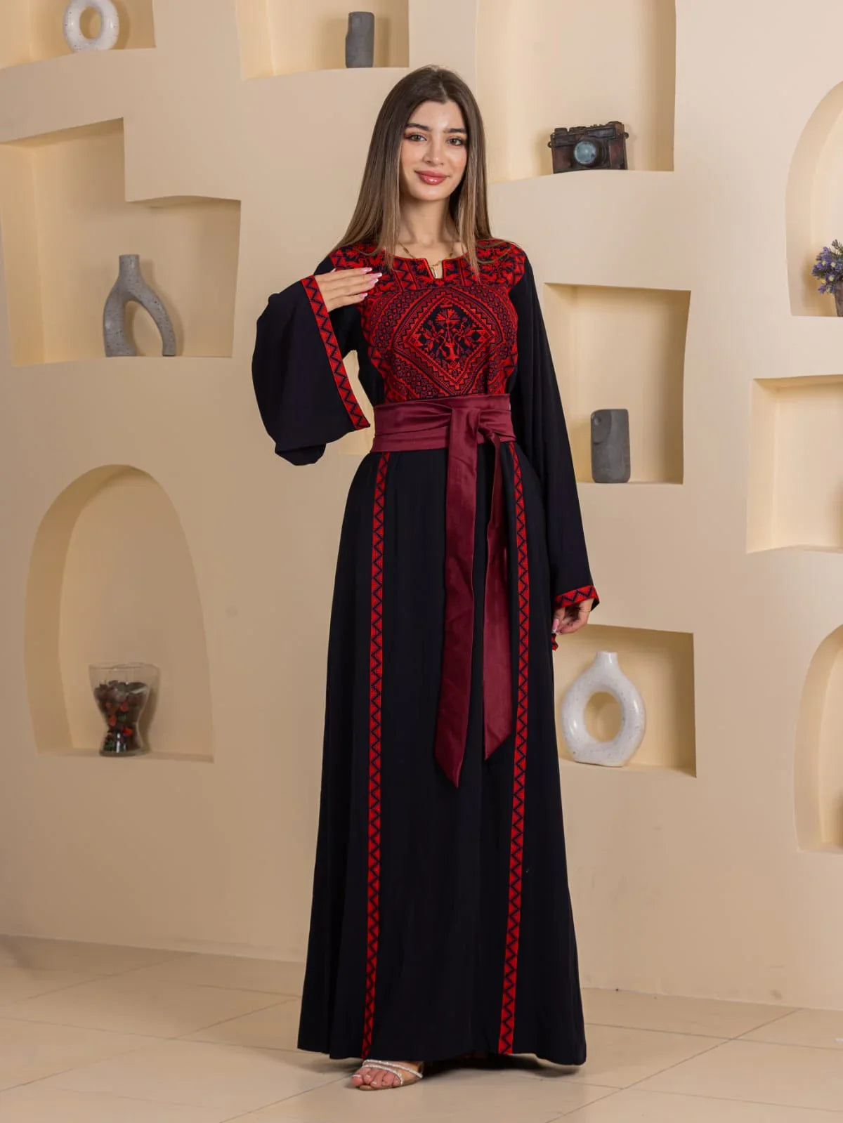 Huda Simply Embroidered Thoub black abaya style thobe with red Palestinian embroidery and maroon sash