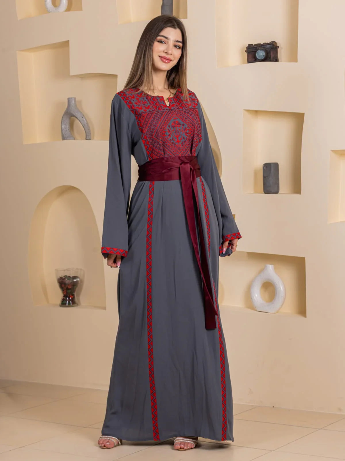 Huda Simply Embroidered Thoub Palestinian Elegance gray long embroidered thobe with red detailing and maroon sash