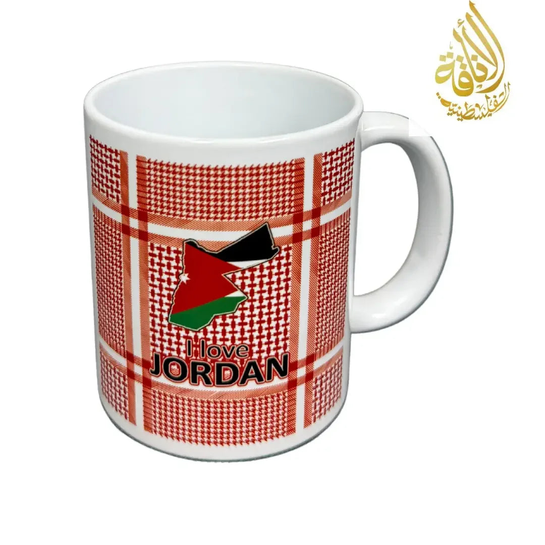 I Love Jordan Cup - Red Kuffiyeh Design - Palestinian Elegance
