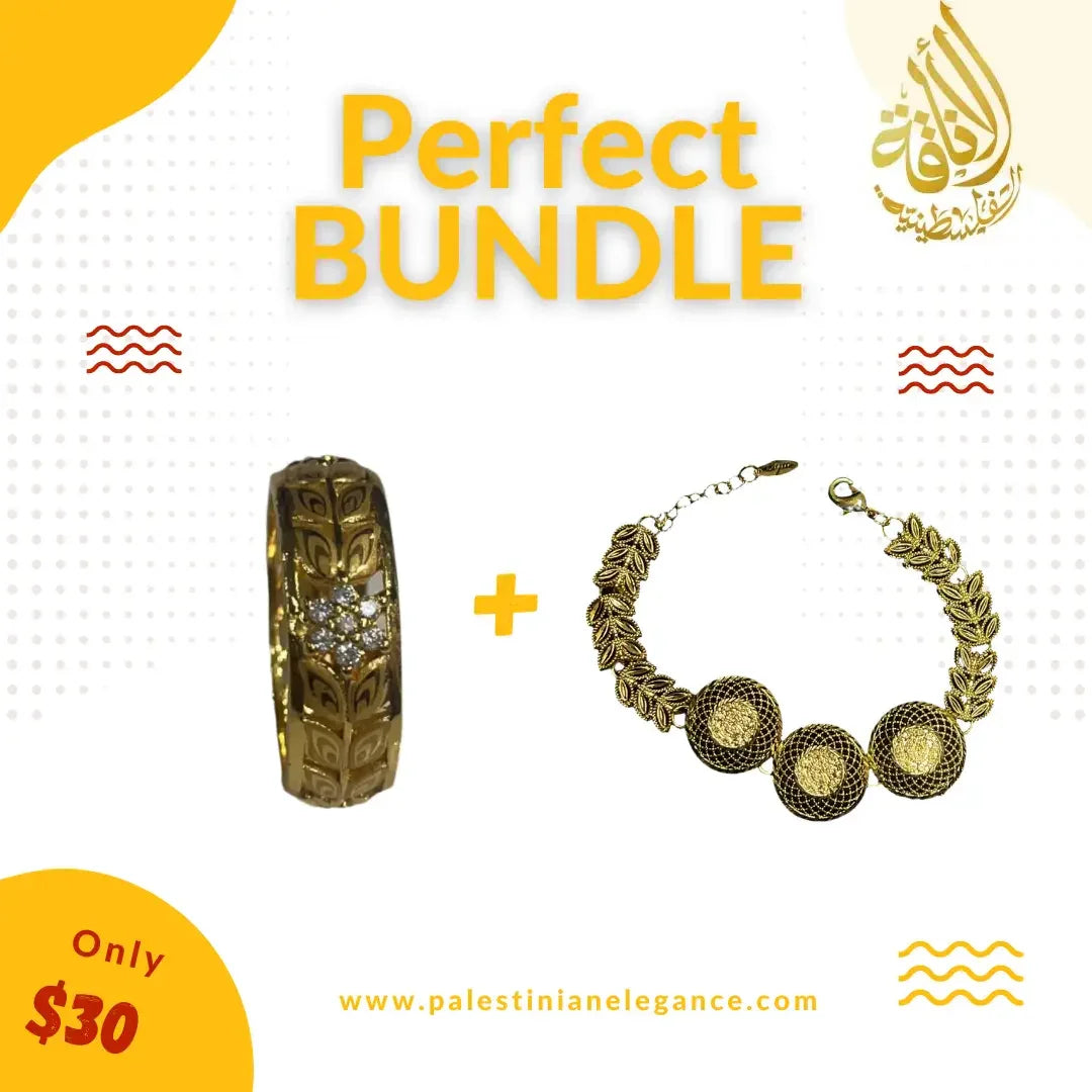 Imitated gold bracelet for weddings bundle with intricate ring and leaf design bracelet by Palestinian Elegance