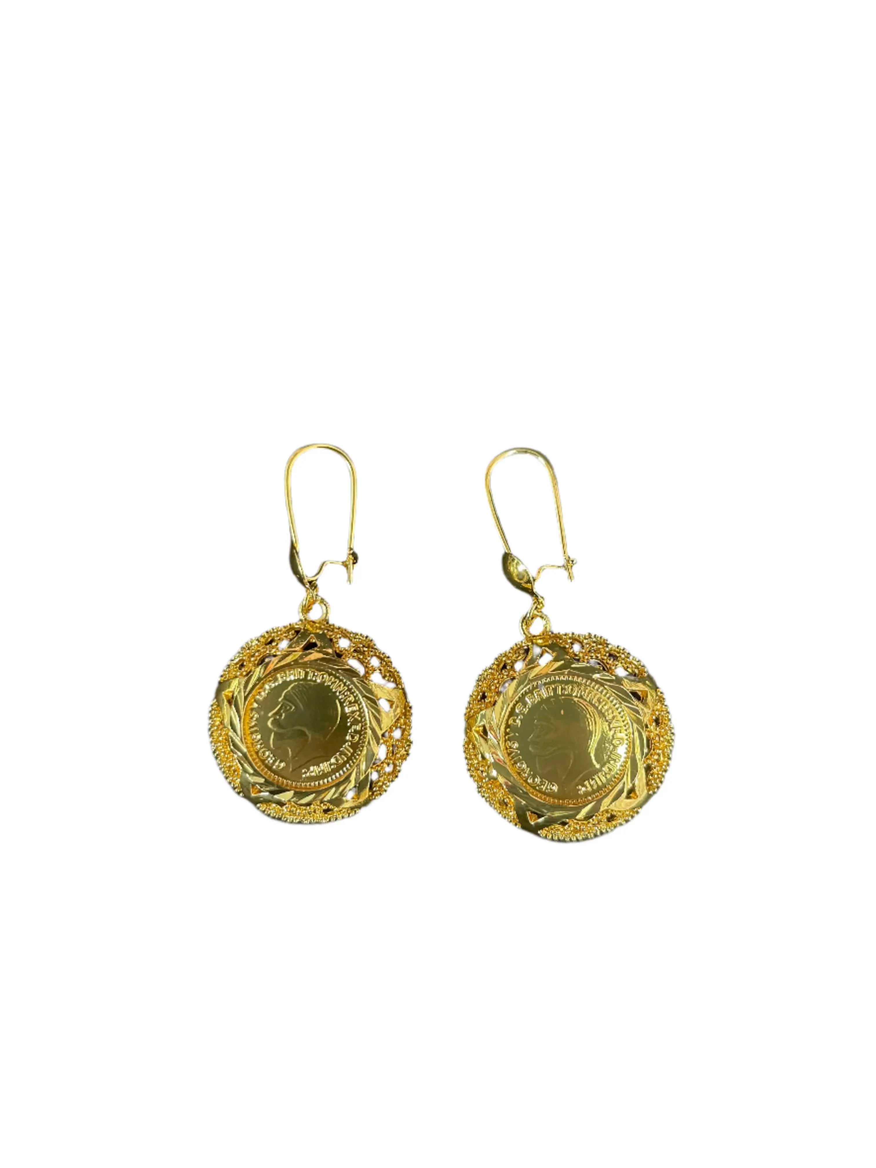Palestinian Elegance imitation gold circle earrings with intricate round coin and filigree design