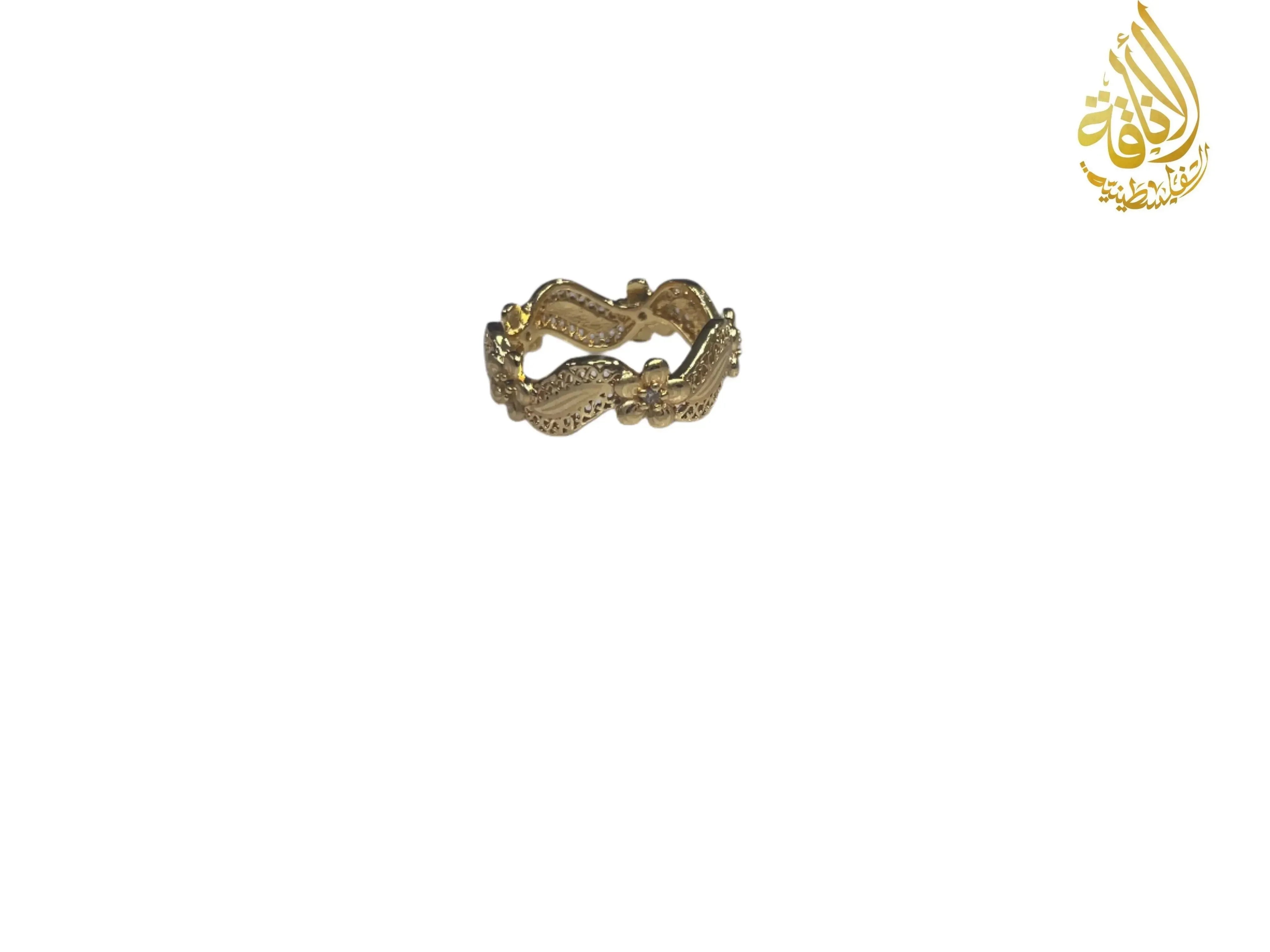 Palestinian Elegance Imitated Gold Curved Ring with Flower Design featuring intricate floral patterns