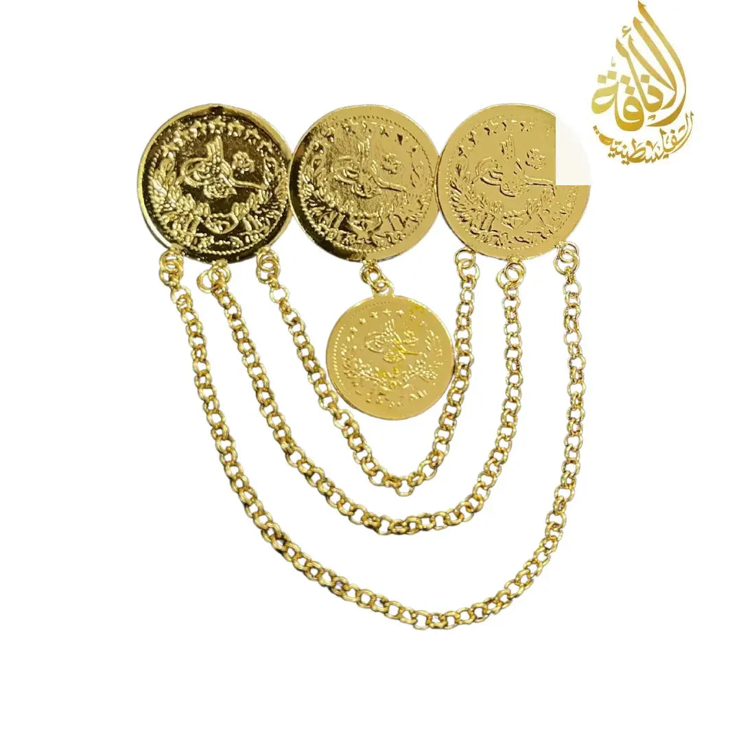 Palestinian Elegance imitated gold brooch with heritage-inspired jewelry design and decorative coin details