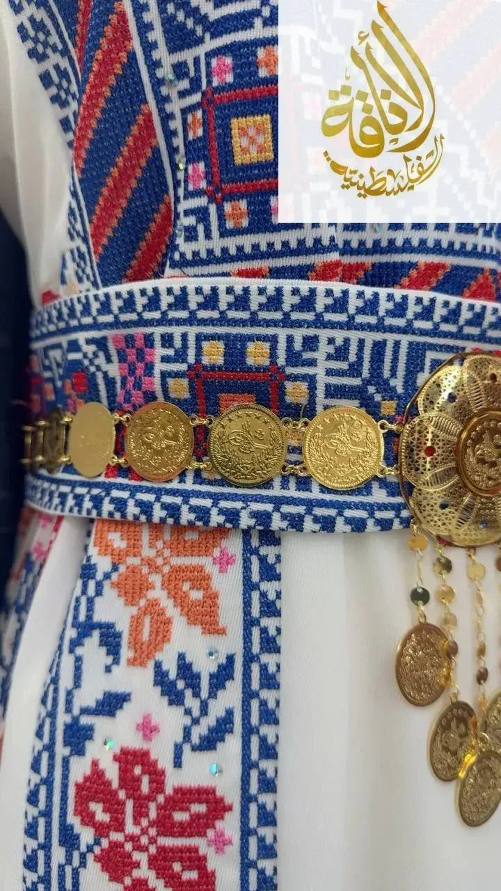 Palestinian Elegance imitated gold lera waist belt with intricate coin details on traditional embroidery