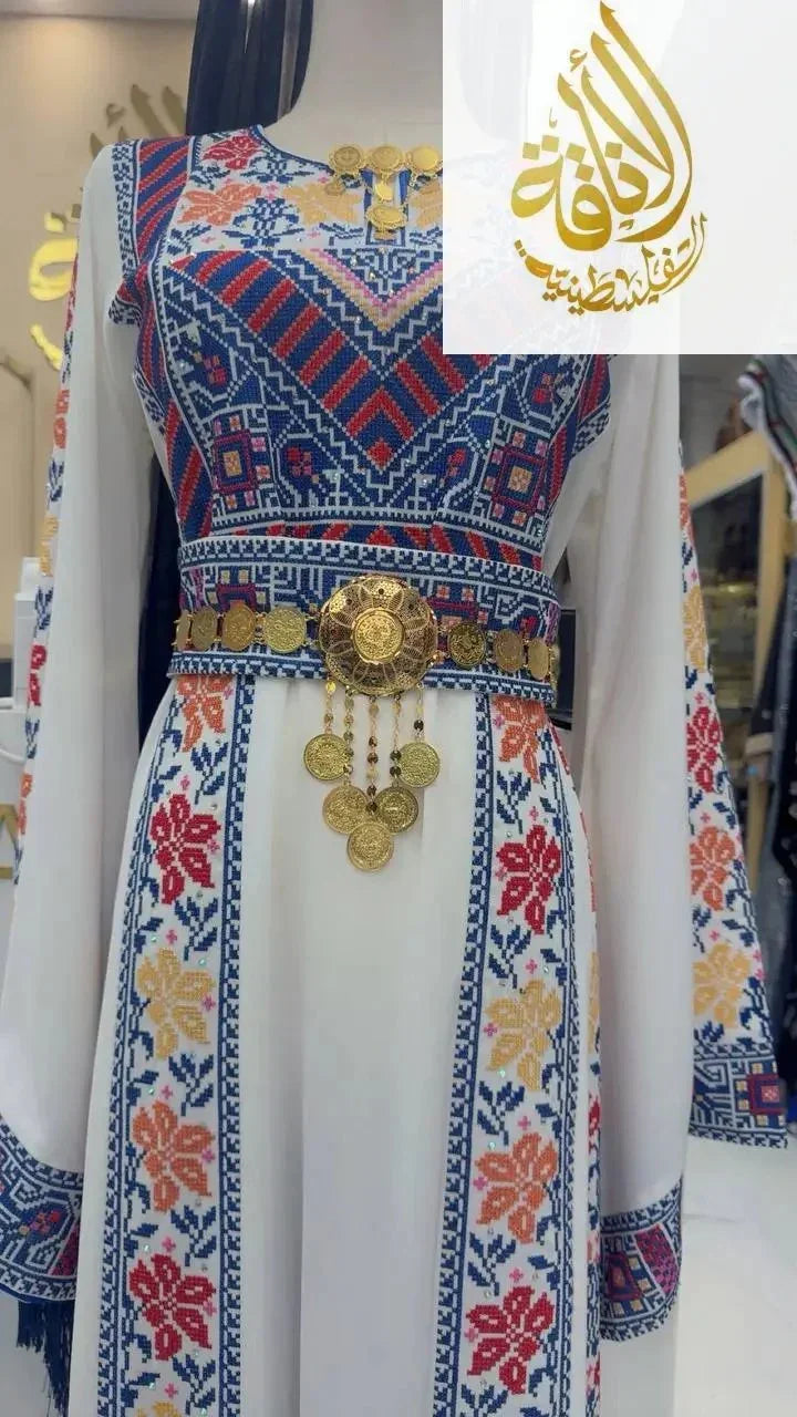 Palestinian Elegance traditional dress featuring imitated gold lera waist belt with intricate coin details