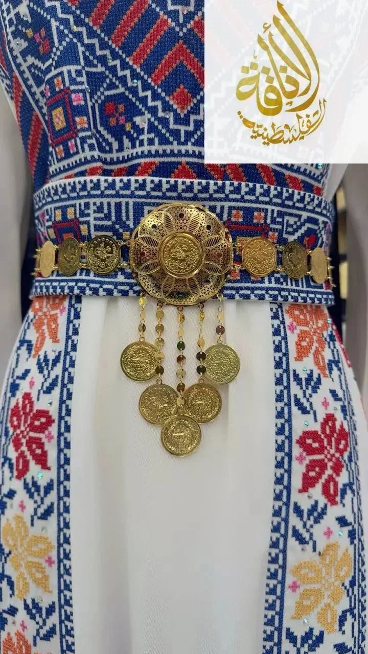 Palestinian Elegance imitated gold lera waist belt with intricate coin and floral designs on traditional embroidered dress