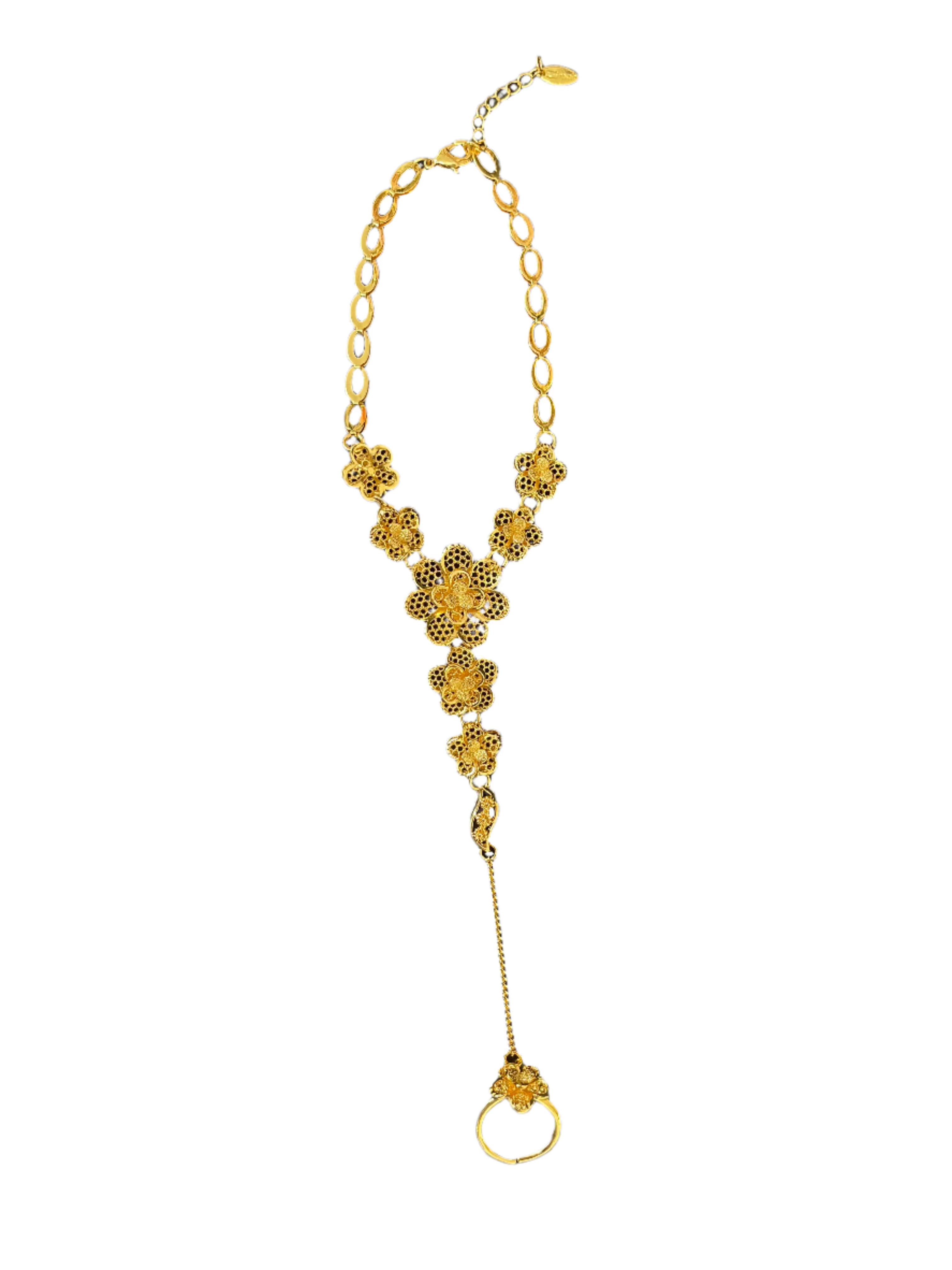 Palestinian Elegance imitation gold flower bracelet with ring featuring intricate floral design and adjustable chain