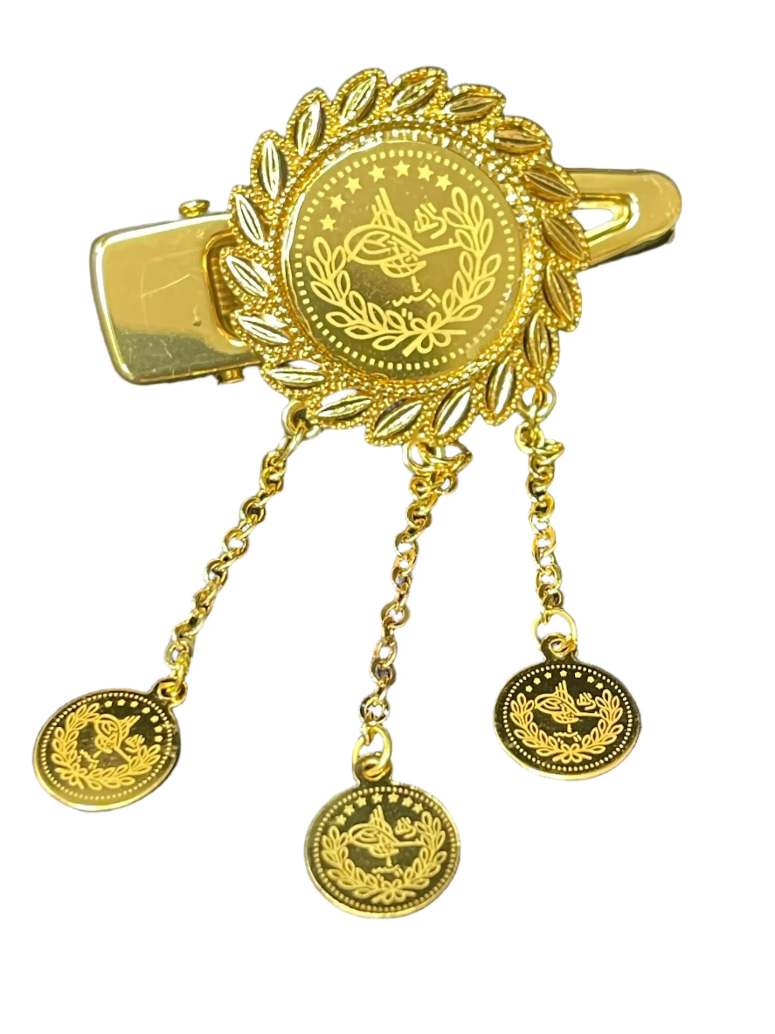 Palestinian Unique Gold Design with Modern Look imitated gold clip featuring intricate round medallions and dangling chains