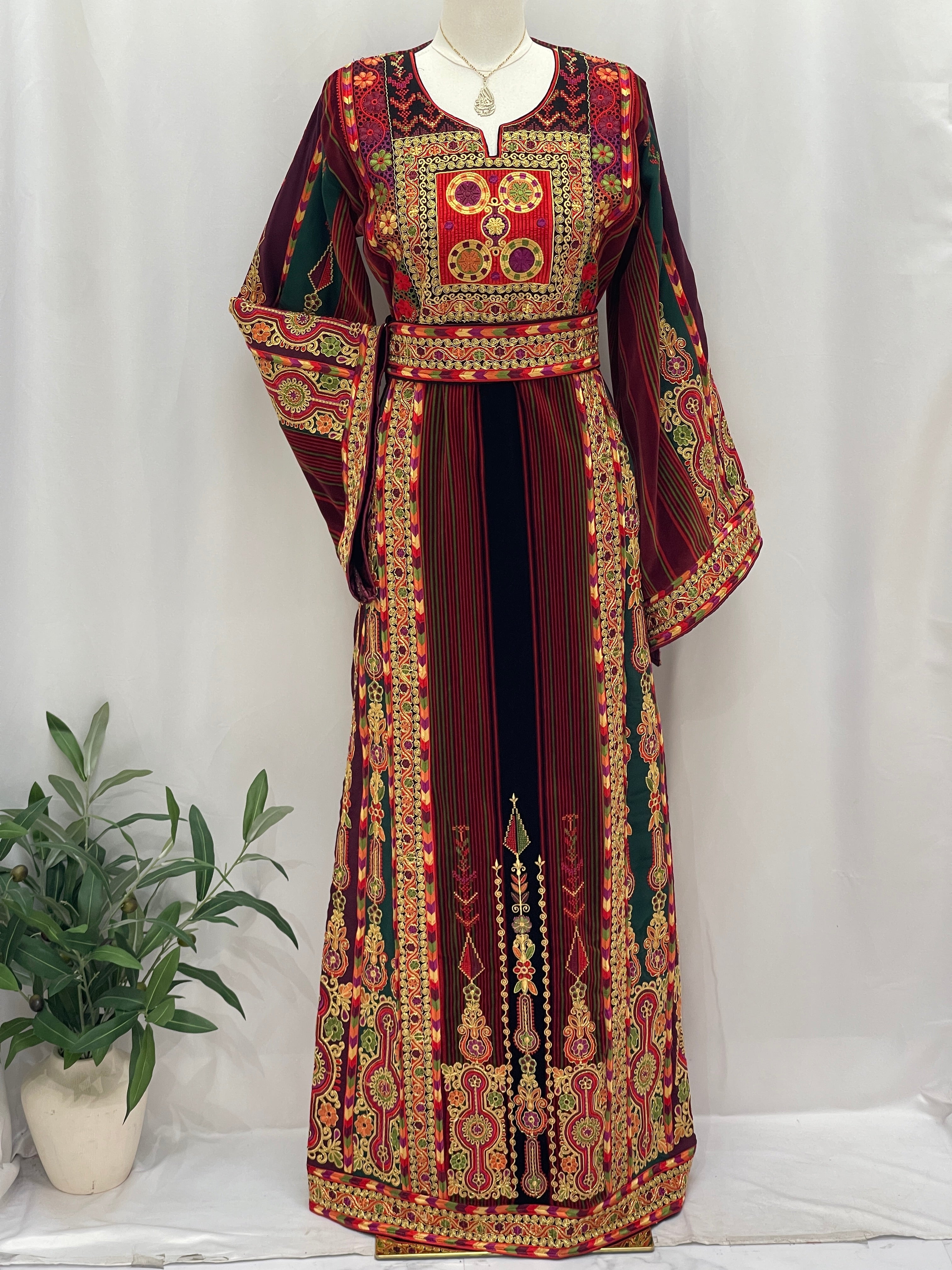 Palestinian Velvet Malaka Embroidered Thobe by Palestinian Elegance with intricate red and gold traditional embroidery