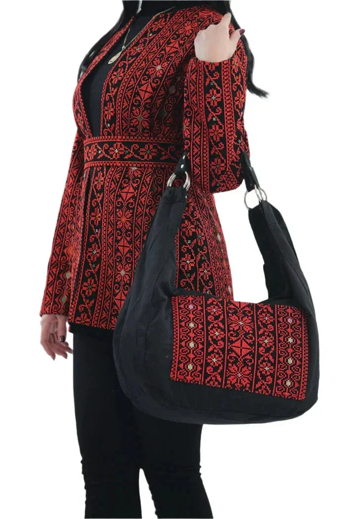Palestinian Elegance Jannat Embroidered Jacket with Tatreez Design Tote Bag in red and black