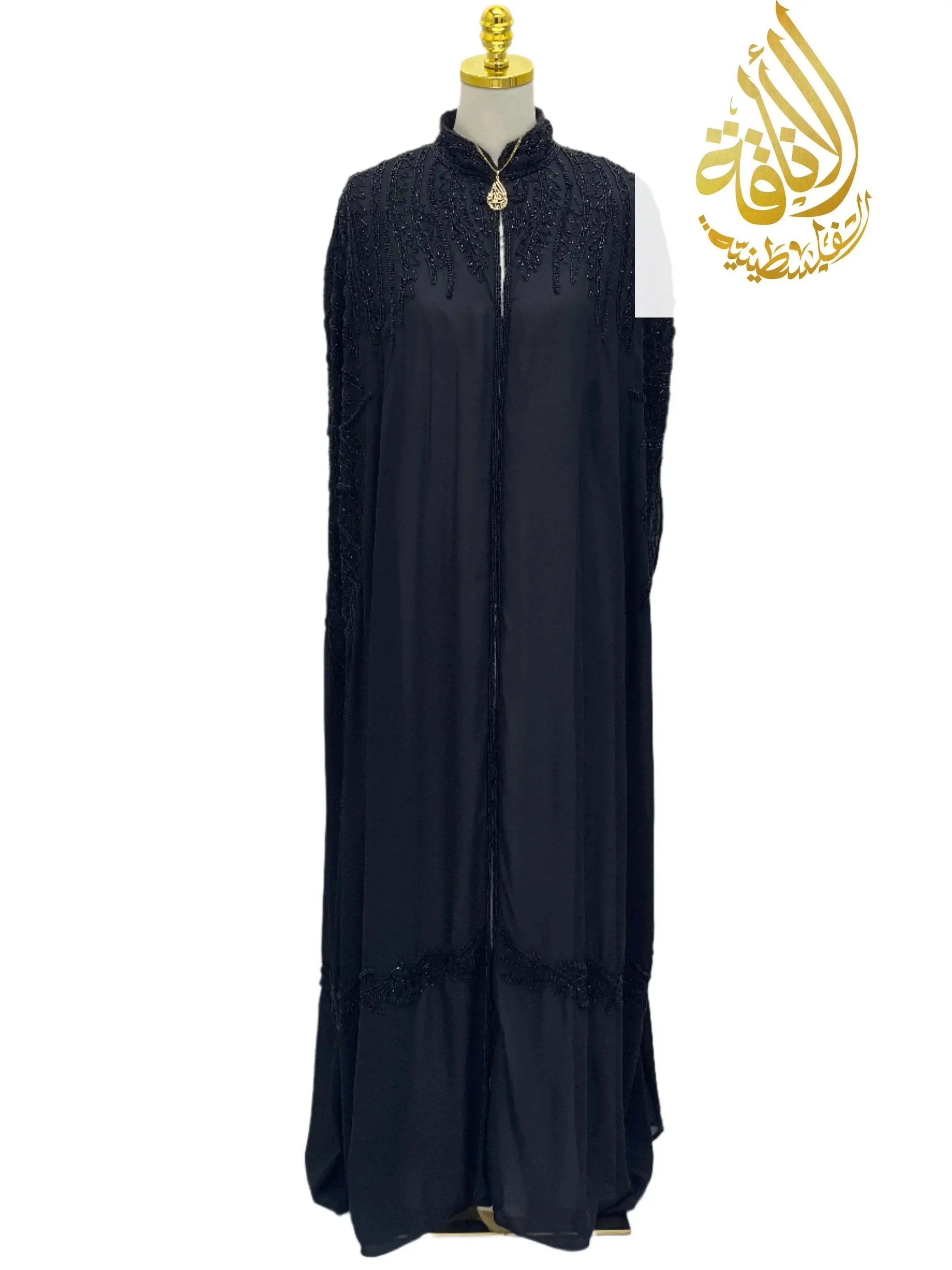 Palestinian Elegance Karam Fancy Beads Cape black cardigan with intricate beadwork on shoulders and front