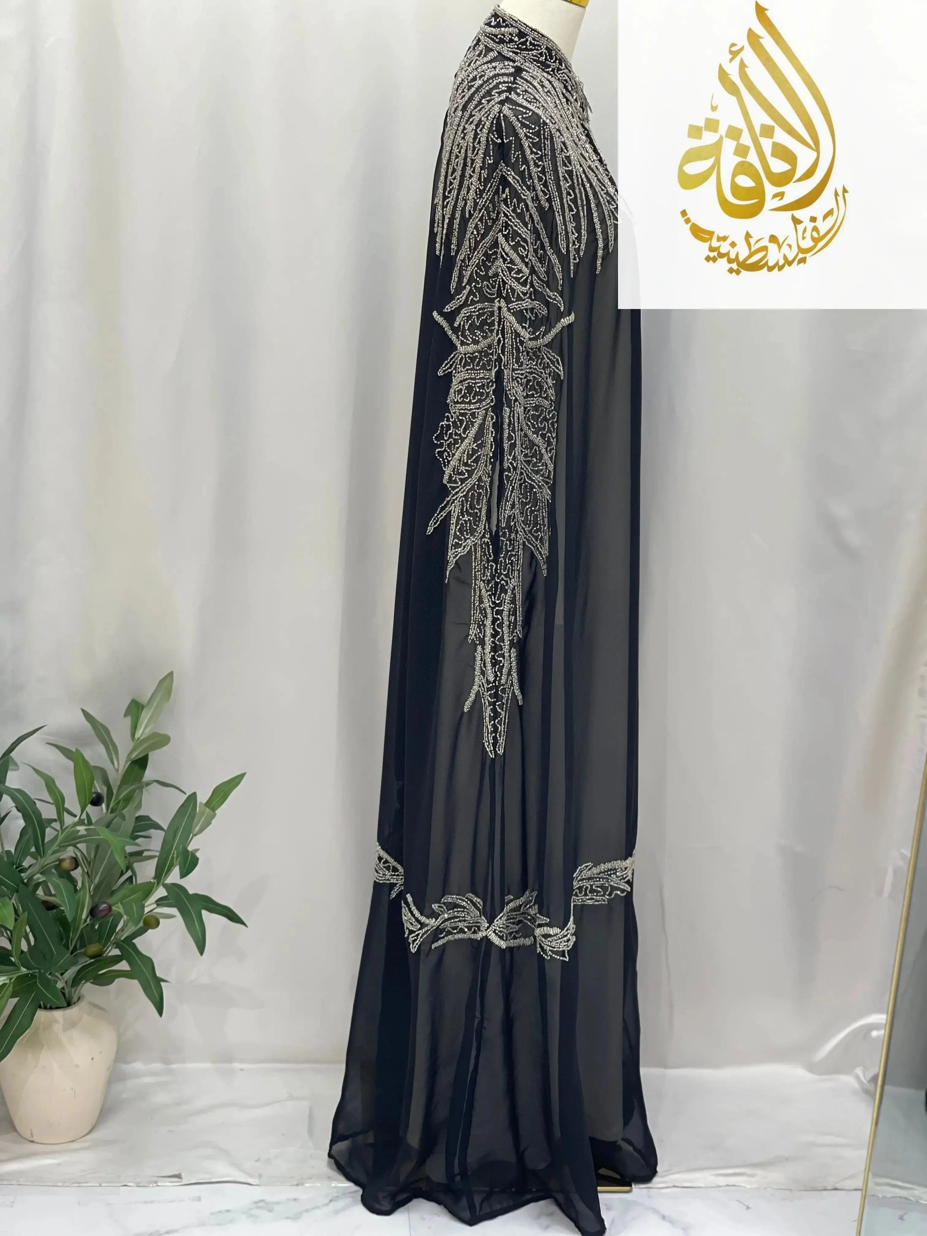 Palestinian Elegance Karam Fancy Beads Cape black sheer cardigan with intricate beadwork detailing