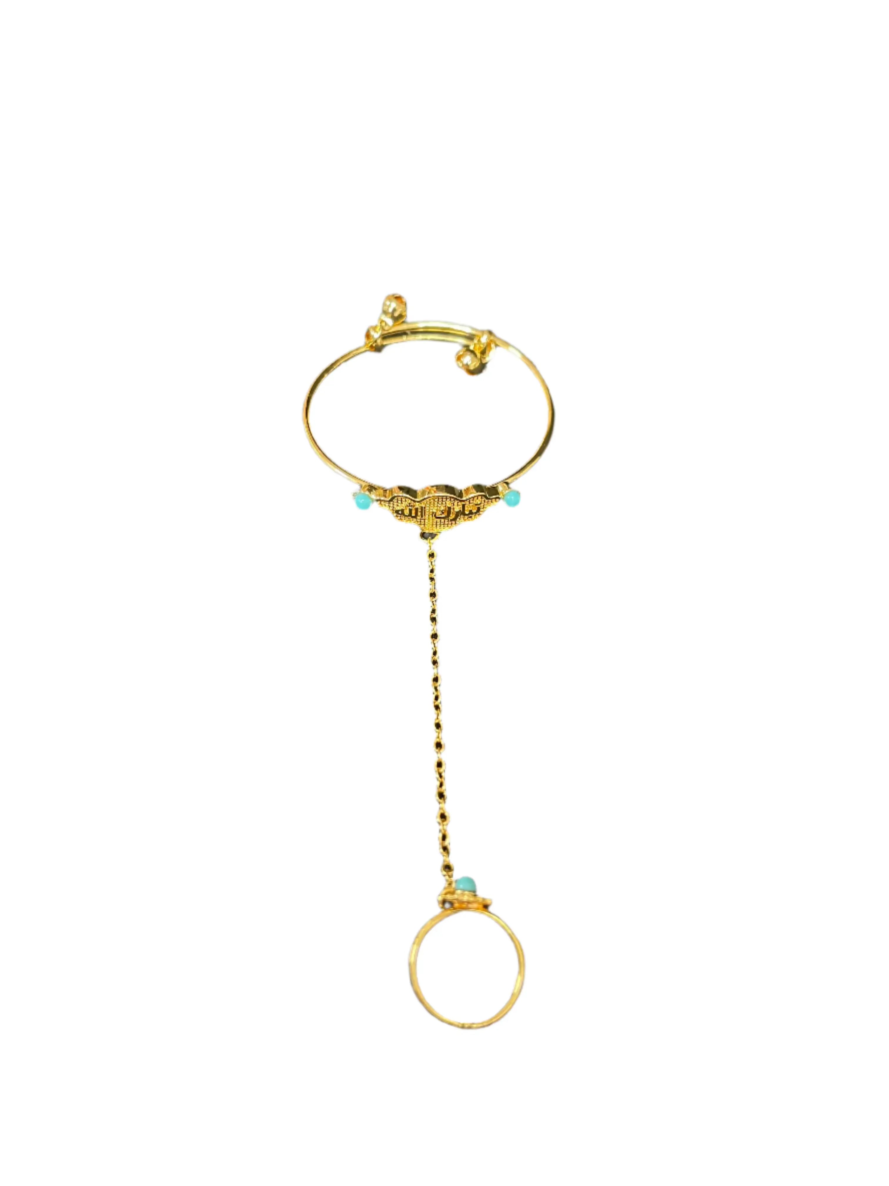Kids Imitated Gold Bracelet with Ring by Palestinian Elegance featuring delicate chain and turquoise accents