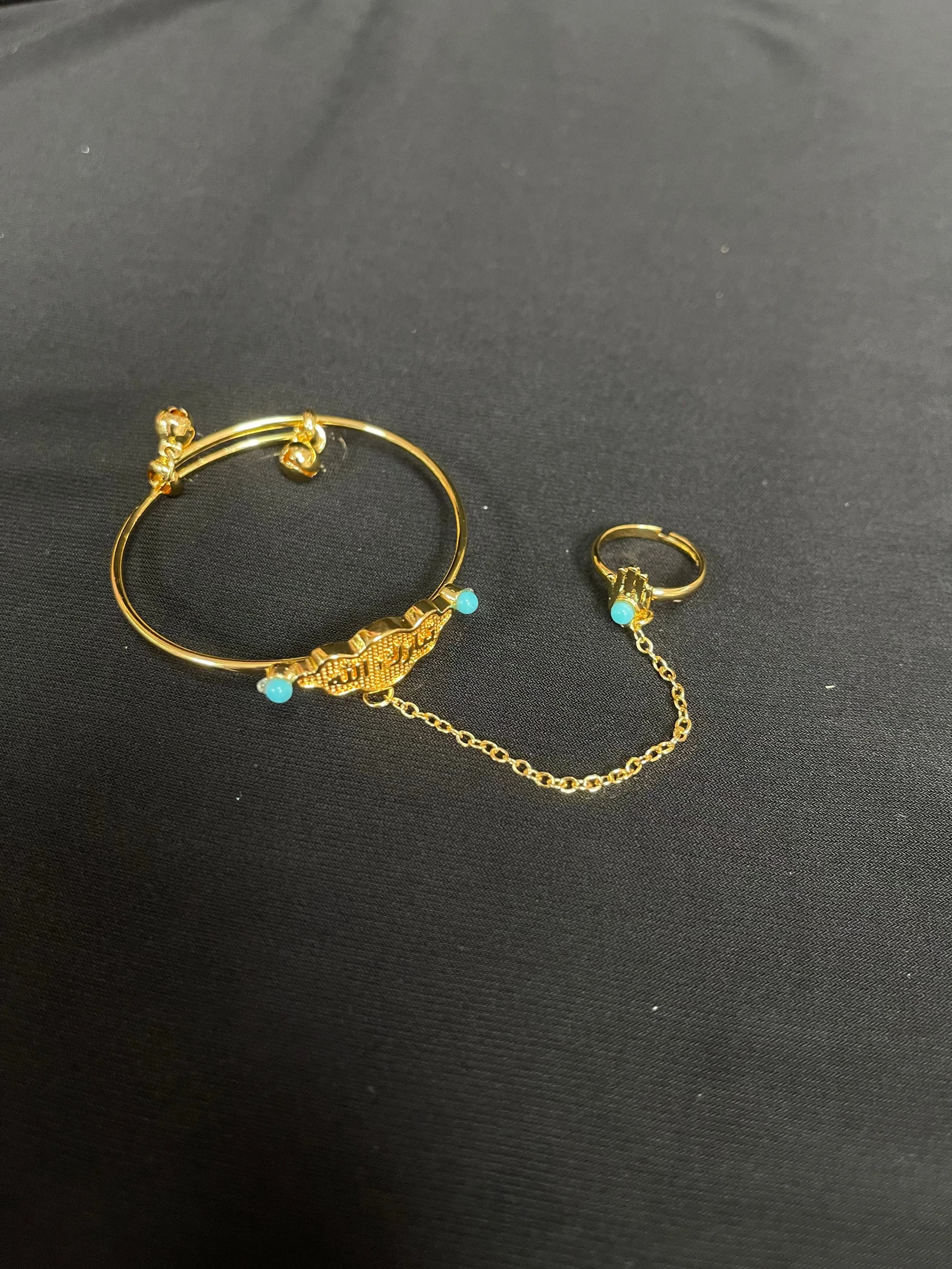 Kids Imitated Gold Bracelet with Ring featuring a delicate chain and turquoise bead accents