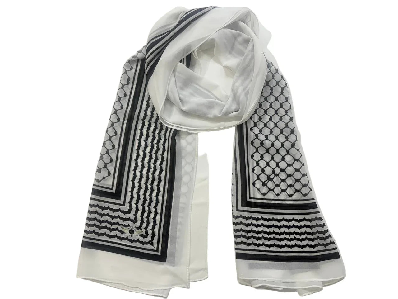 Palestinian Elegance Kuffia Chiffon Hijab white chiffon with black keffiyeh pattern lightweight scarf