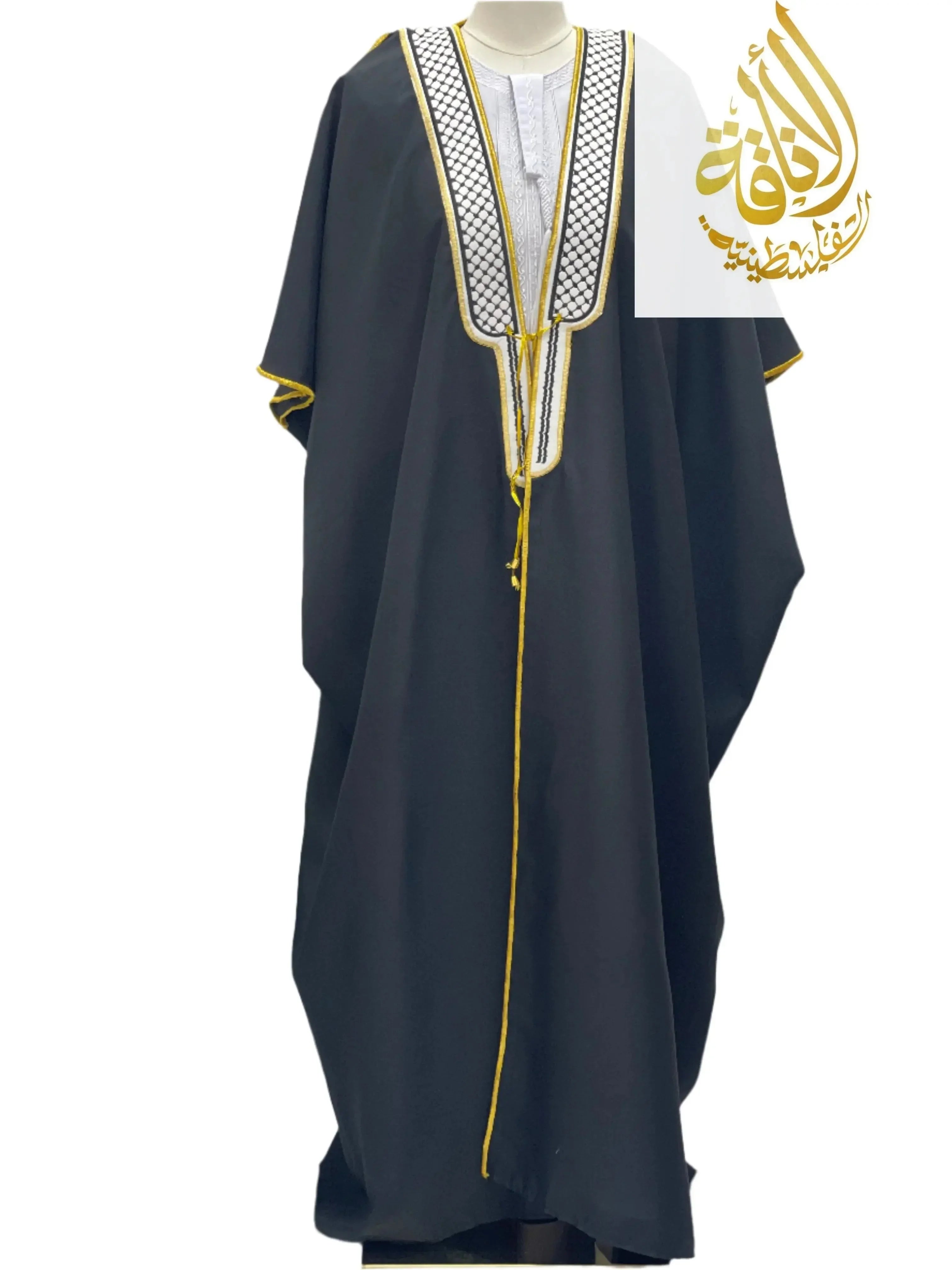 Palestinian Elegance men thobe with traditional keffiyeh bisht for sale featuring black fabric and gold trim