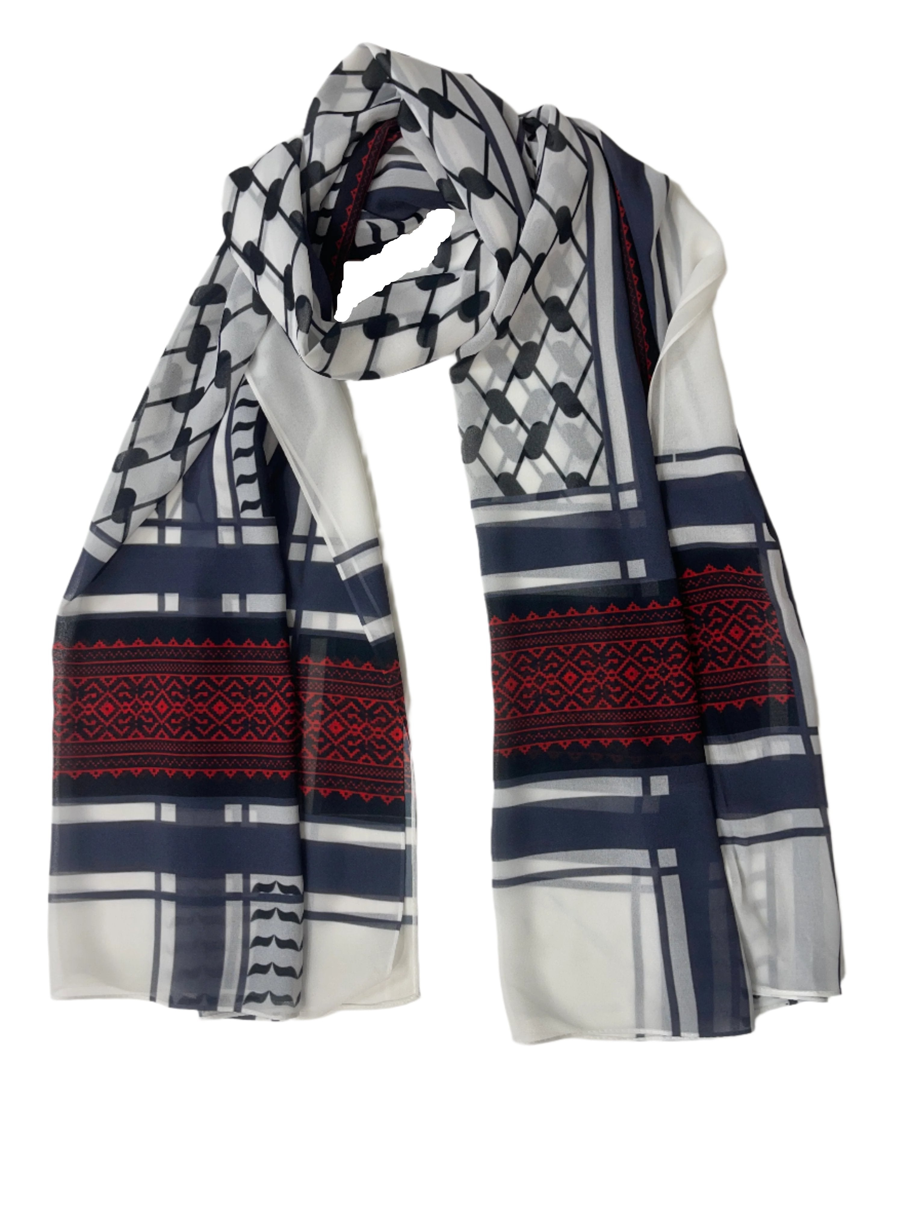 Kuffiyeh and Tatreez Print Chiffon Hijab - High Quality Palestinian Elegance