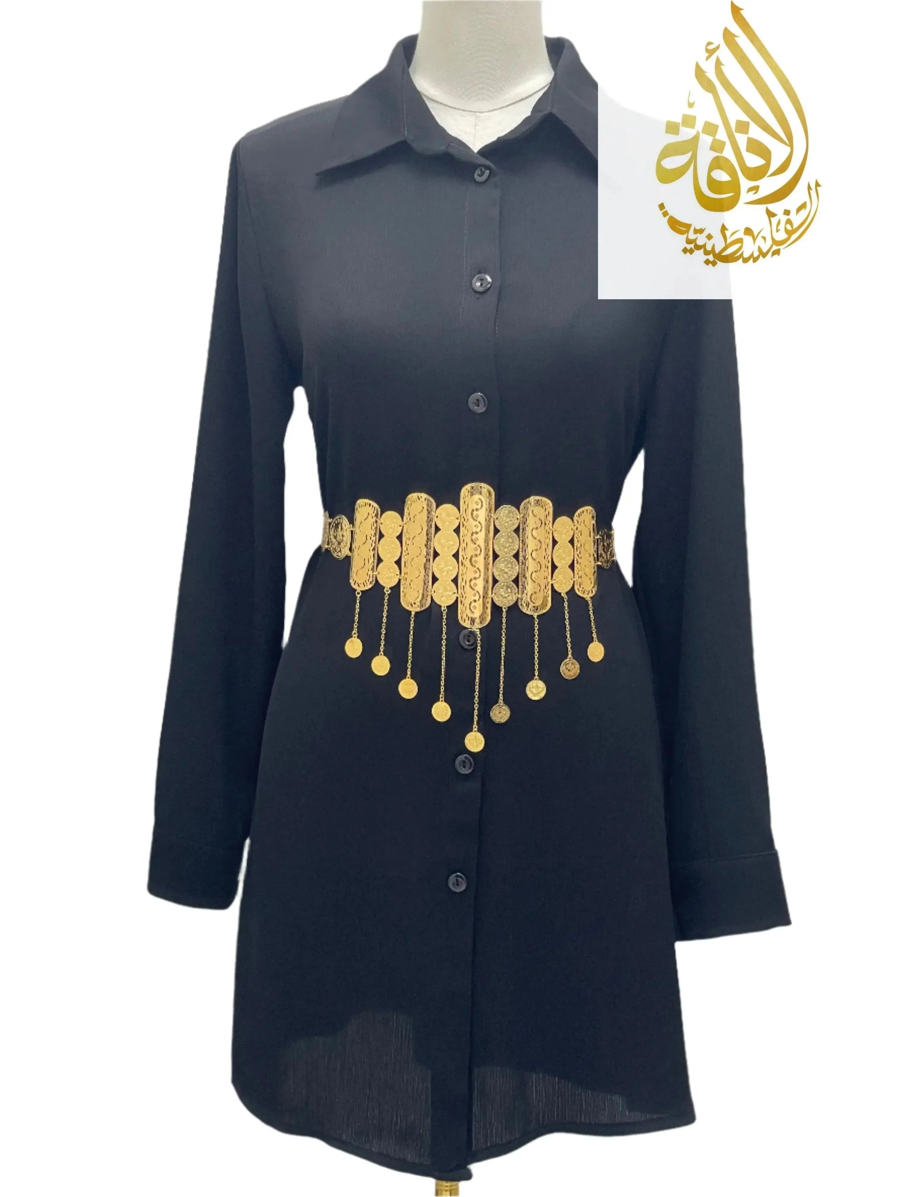 Kurdish gold belt for women in imitated gold by Palestinian Elegance styled on black dress