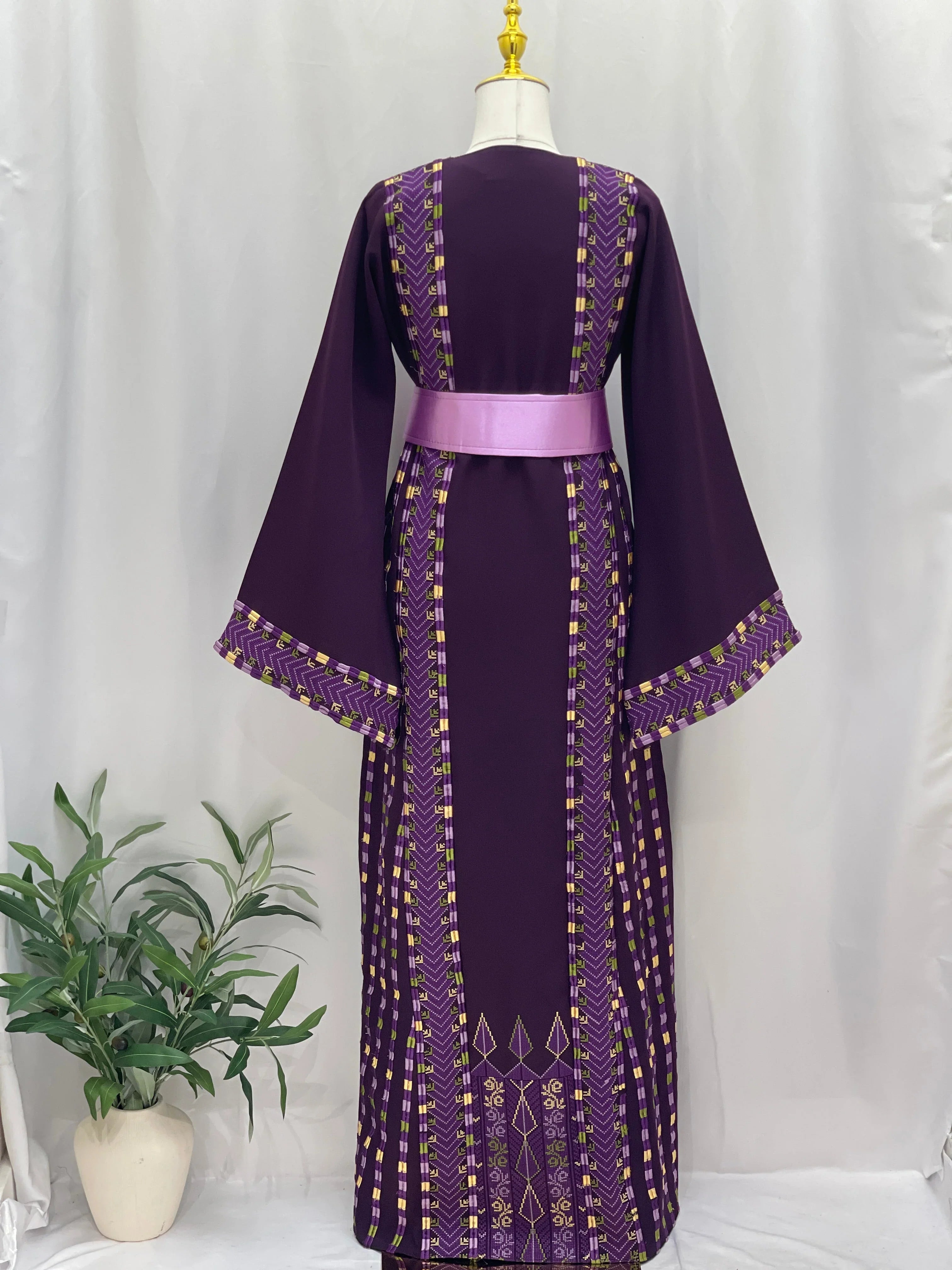 Lavender Heritage Embroidered Thobe with intricate designs and a satin belt, perfect for special occasions.