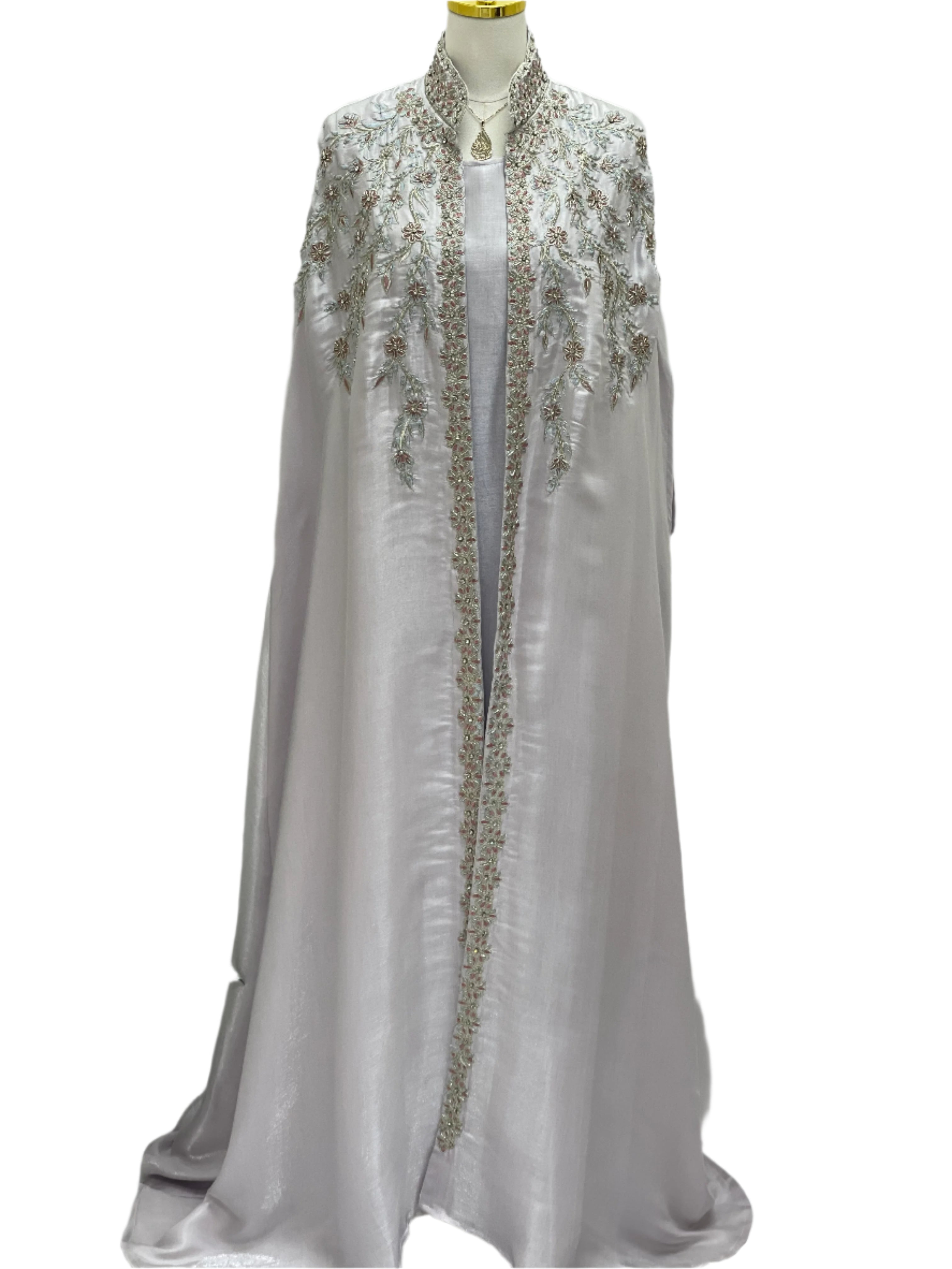 Palestinian Elegance Layla Fancy kaftan white with intricate gold embroidery and flowing design