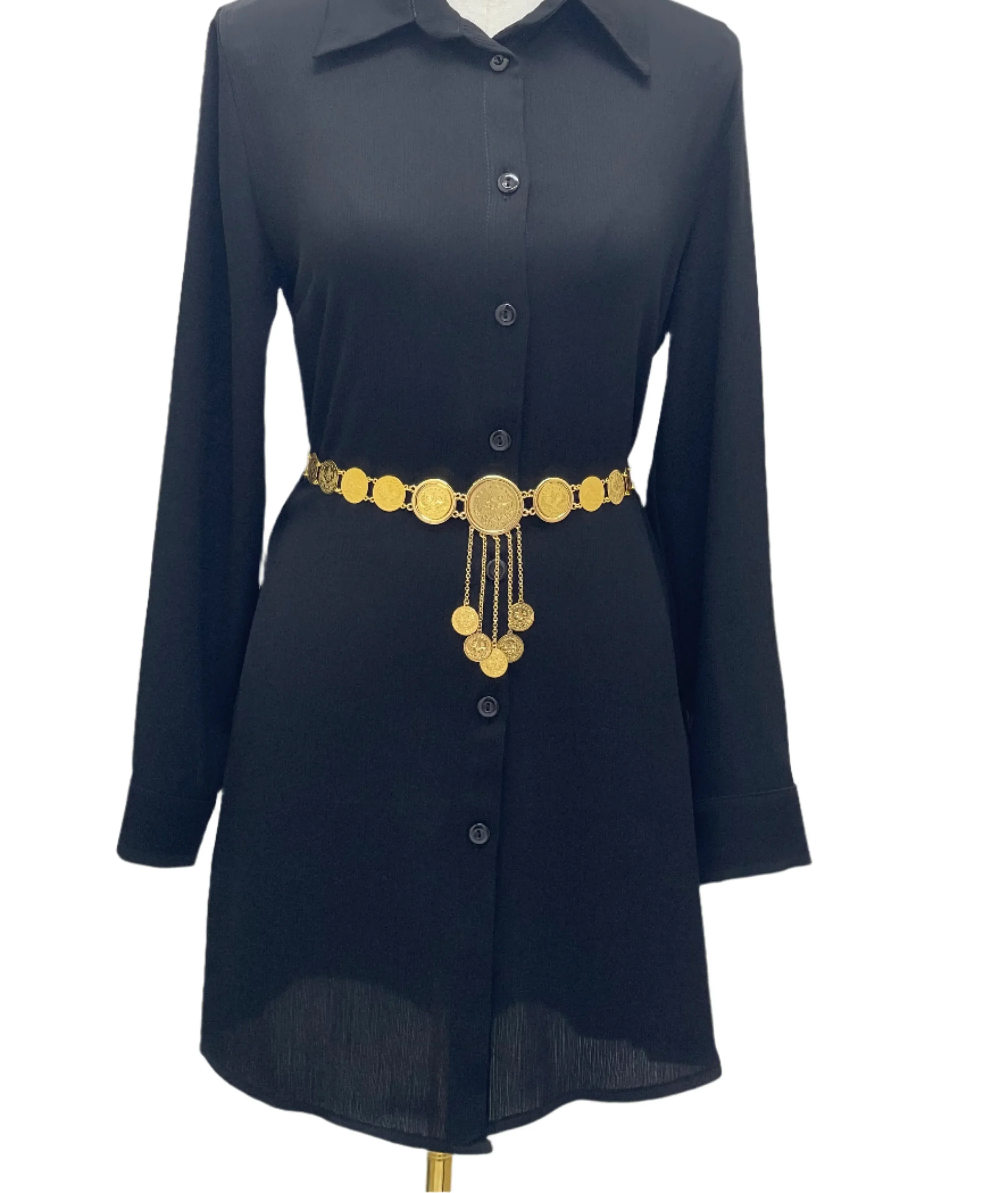 Lerat Belt with Mkhamas Imitated Gold from Palestinian Elegance displayed on black dress