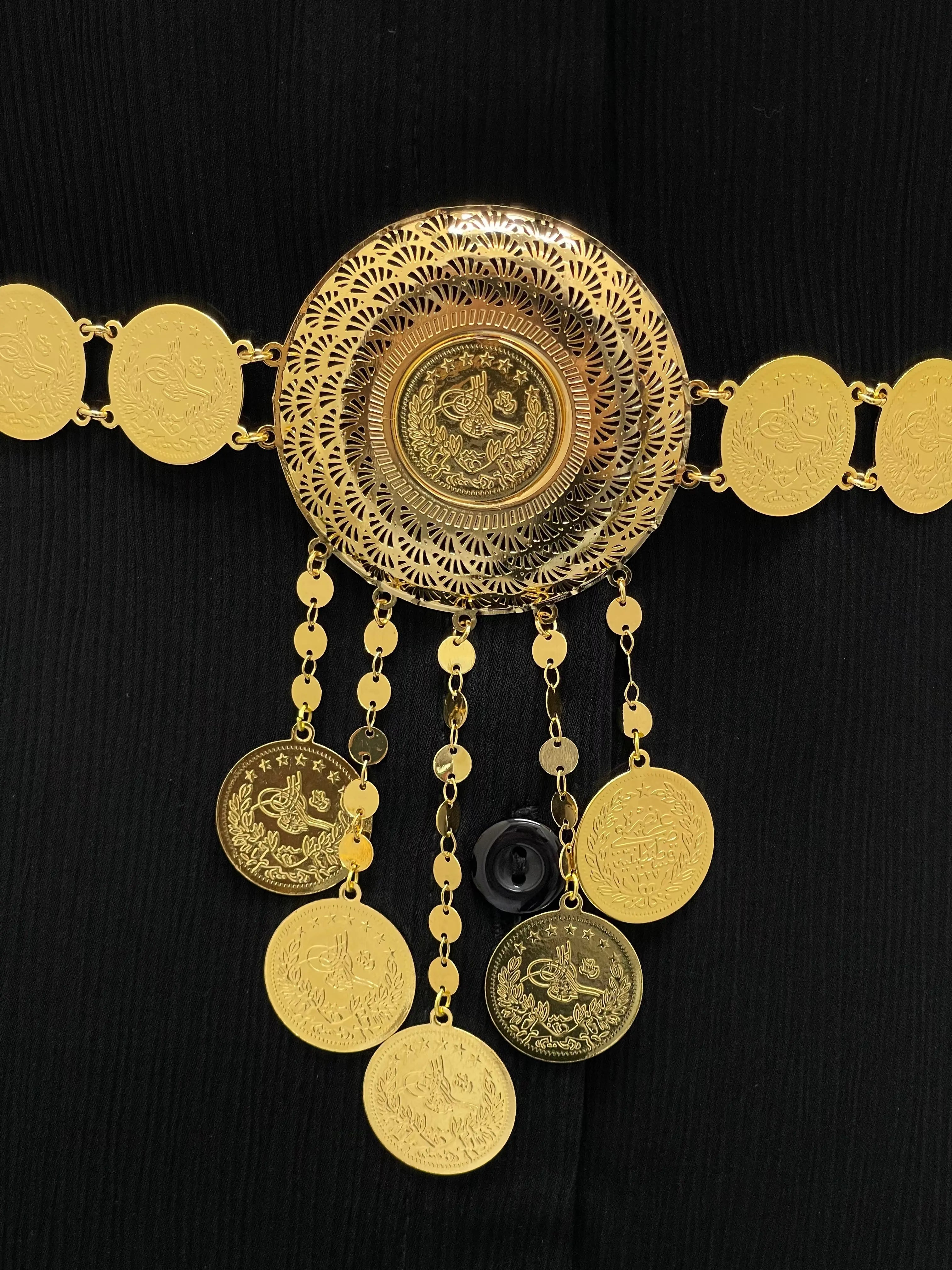 Lerat Gold Belt Imitated Gold with intricate circular designs and dangling coins by Palestinian Elegance