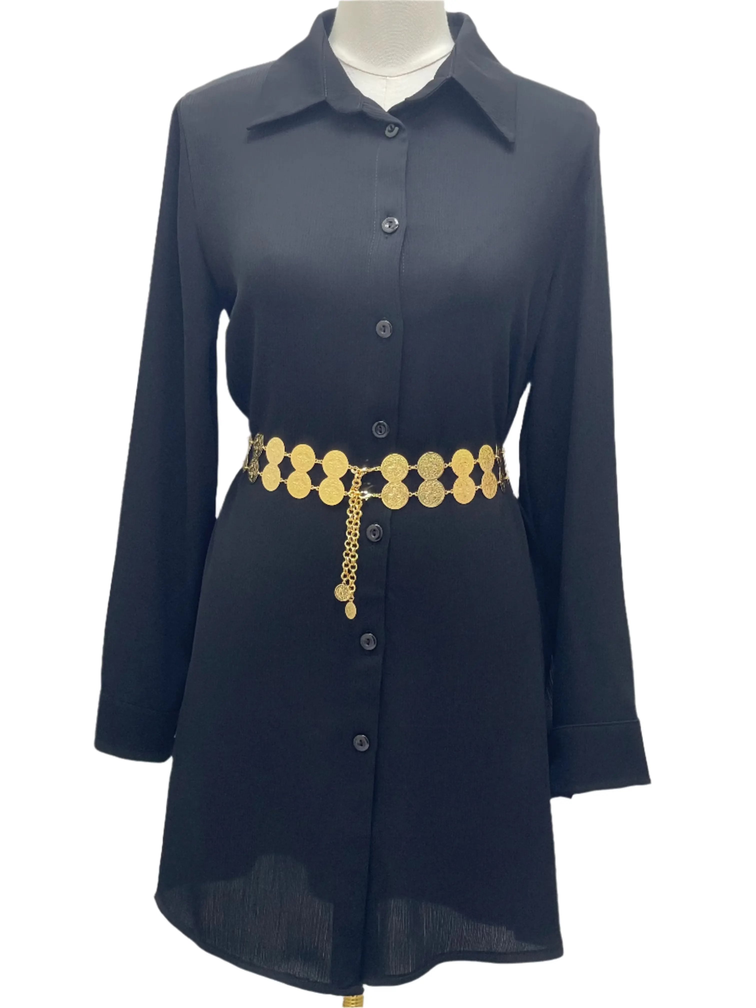 Palestinian Elegance Lerat Gold Coin Waist Belt for Women displayed on black long sleeve dress