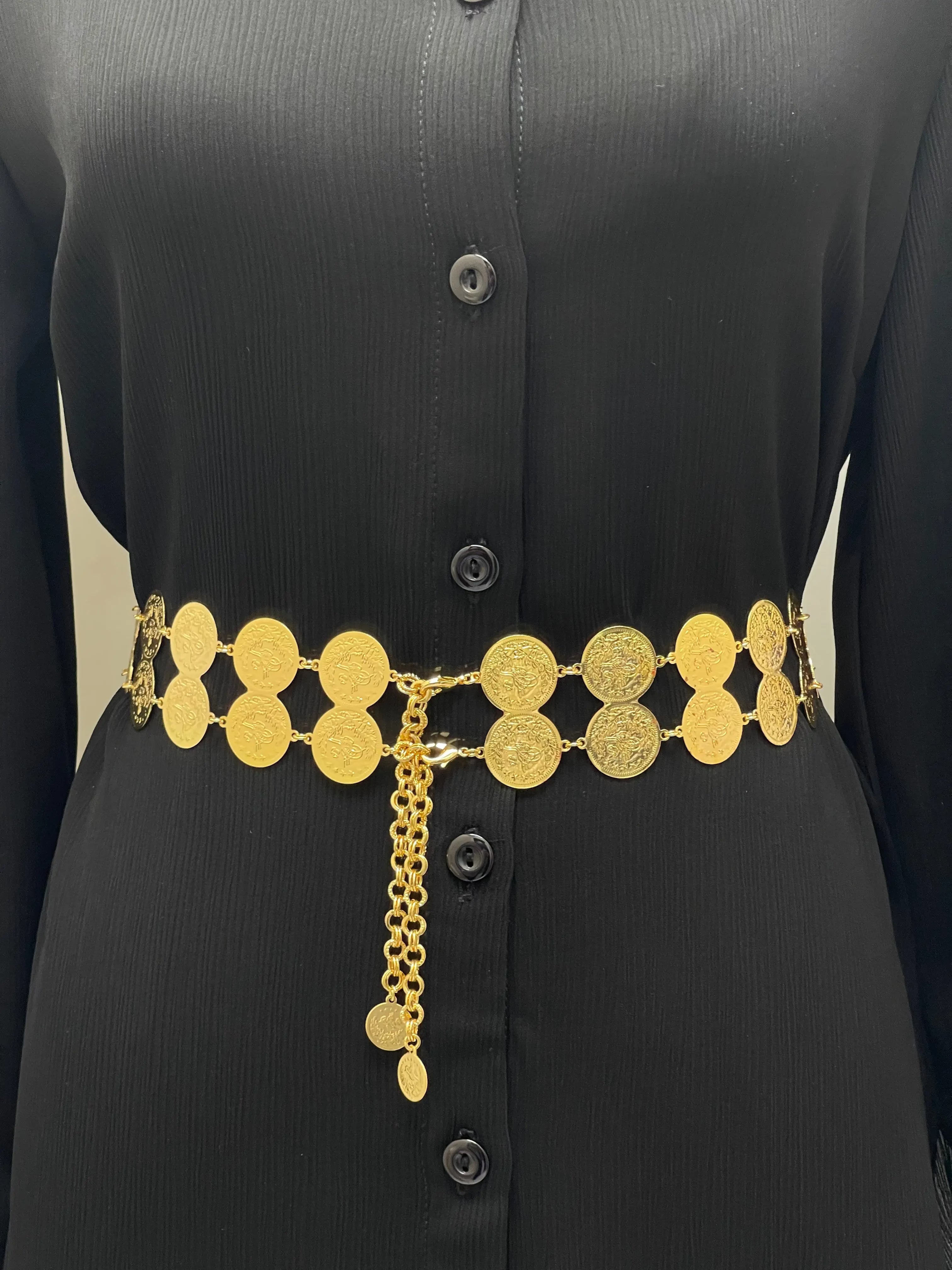 Lerat Gold Coin Waist Belt for Women by Palestinian Elegance featuring imitated gold coins on a black outfit
