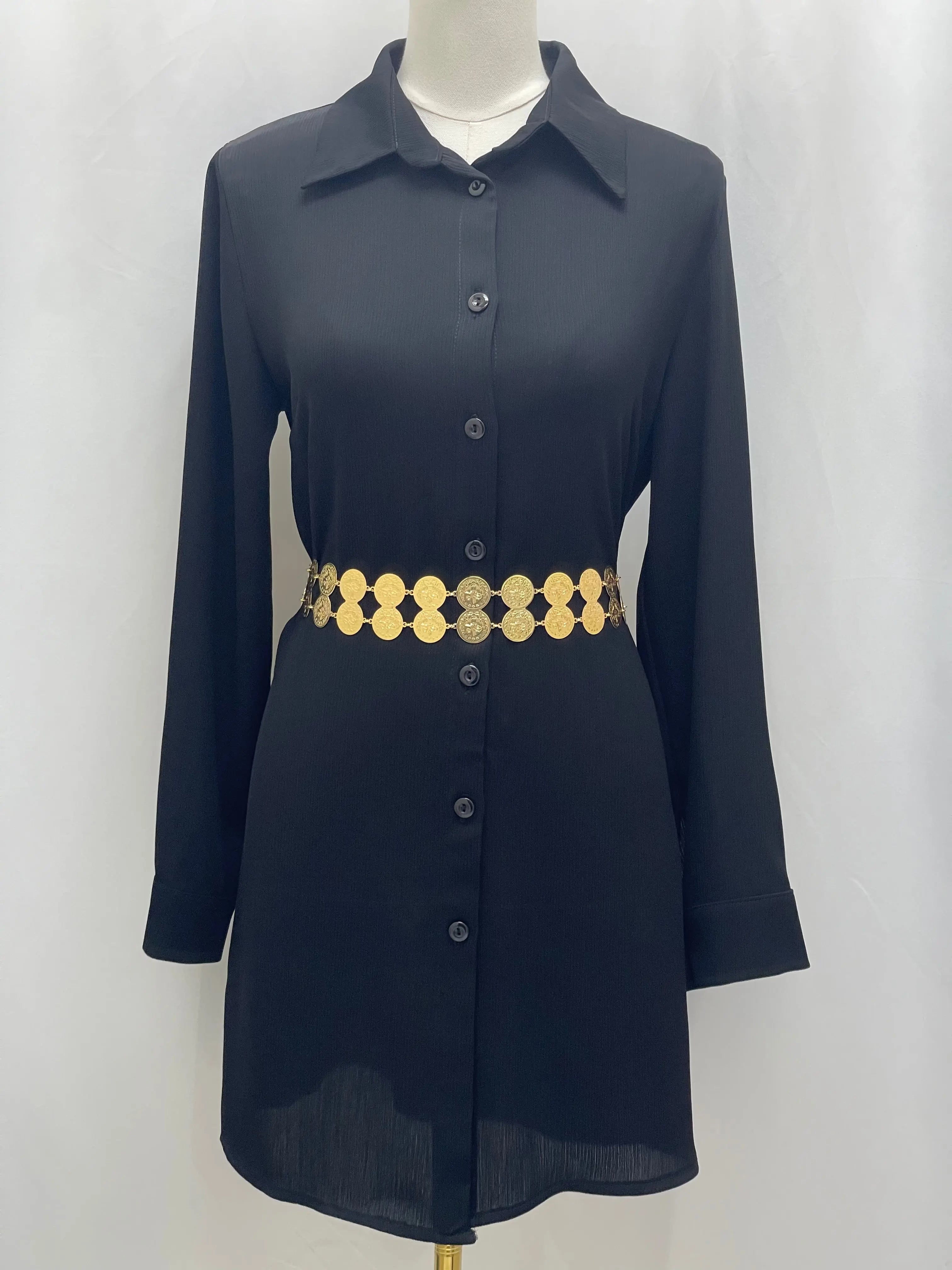 Lerat Gold Coin Waist Belt for Women by Palestinian Elegance paired with a black button-down dress
