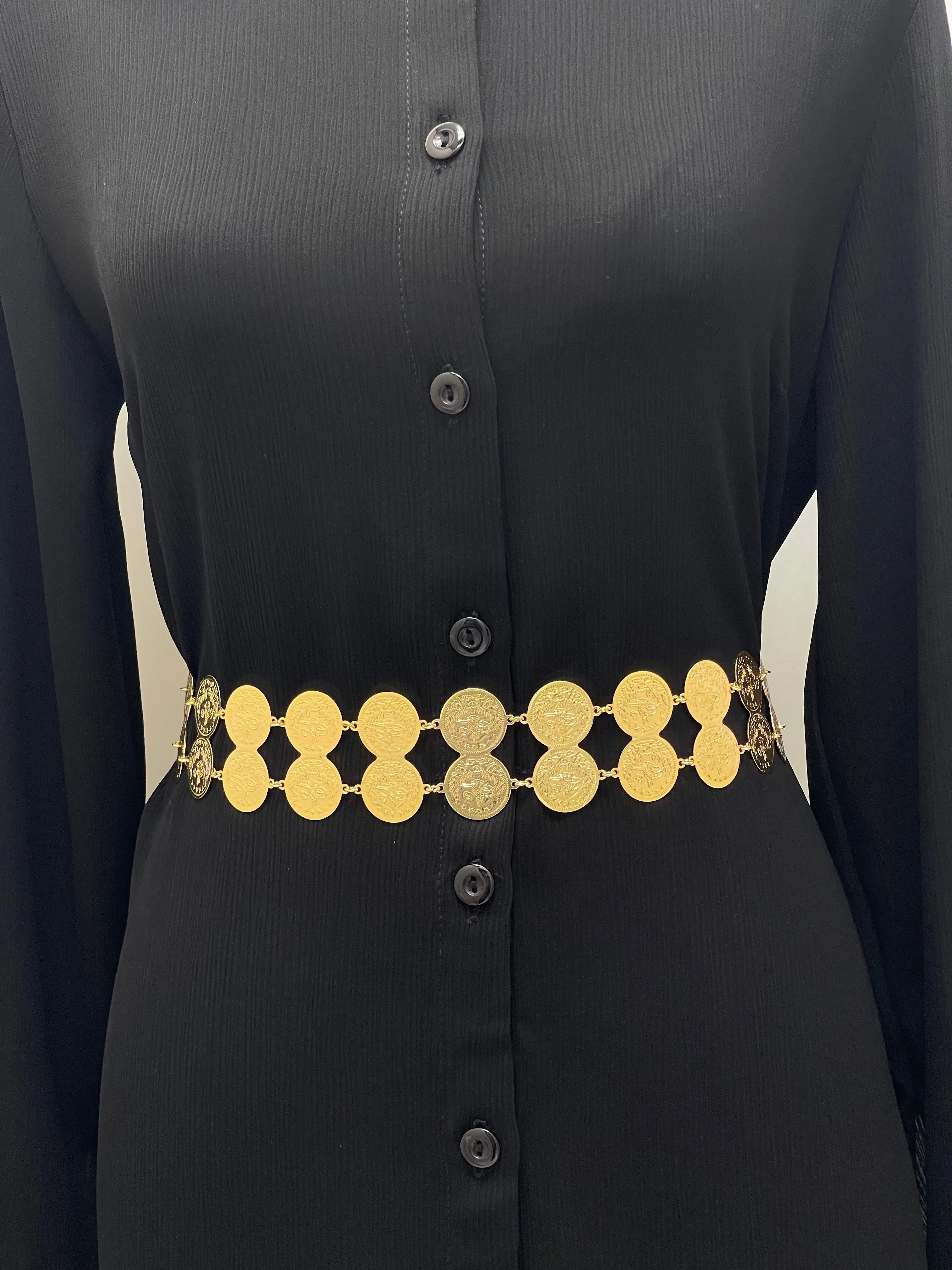 Lerat Gold Coin Waist Belt for Women by Palestinian Elegance styled on black dress