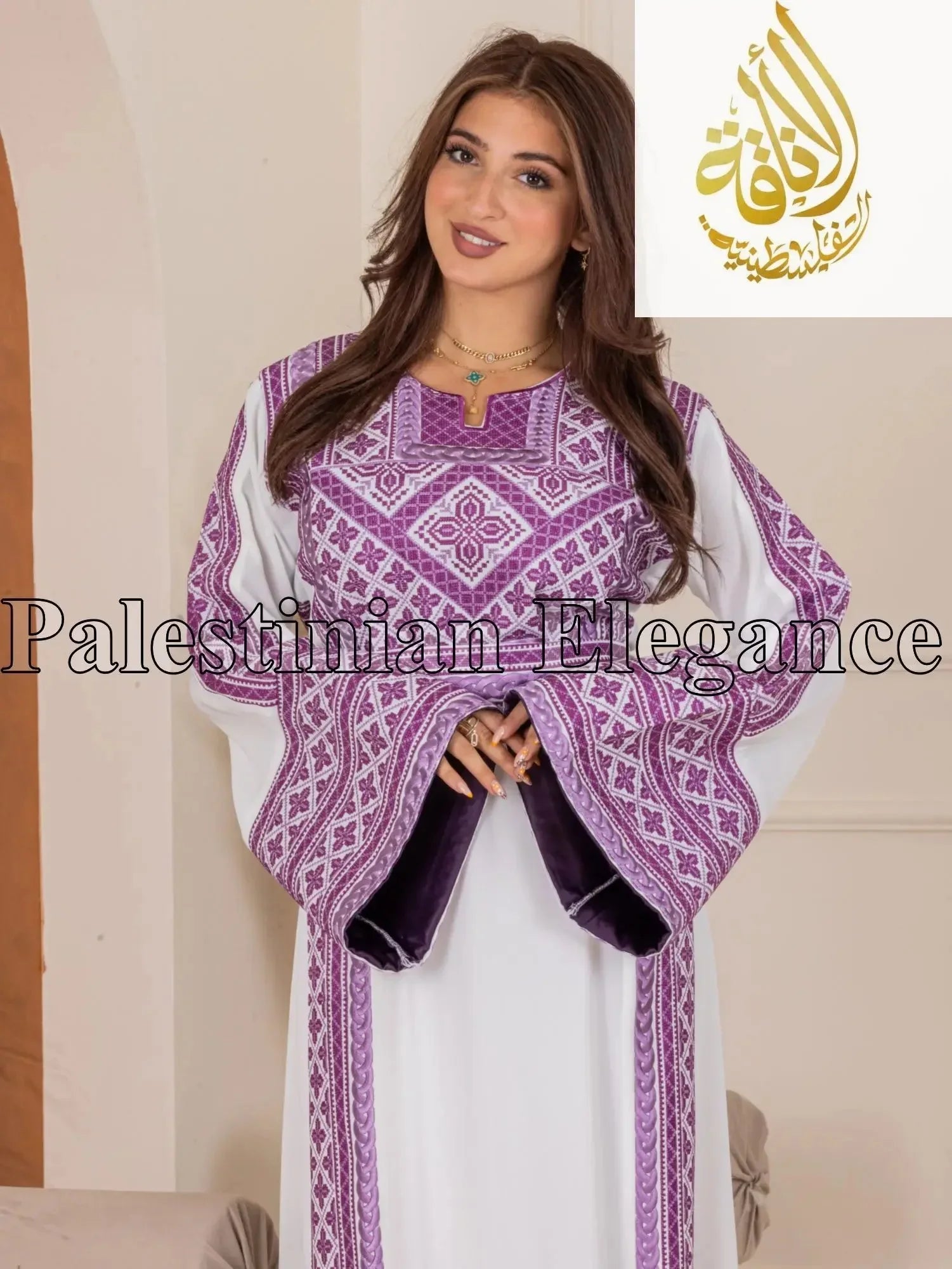 Lilac Embroidered Unique Thoub by Palestinian Elegance with traditional detailed stitching on white fabric
