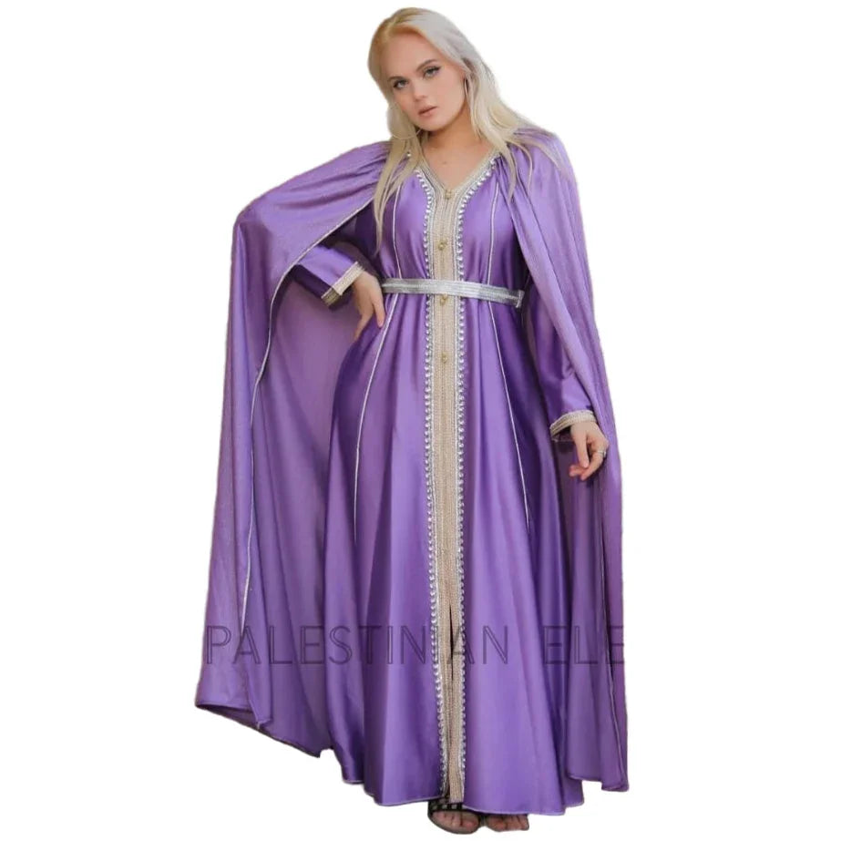 Lilac Moroccan Kaftan Cape from Palestinian Elegance flowing cape style with silver trim belt and V neckline