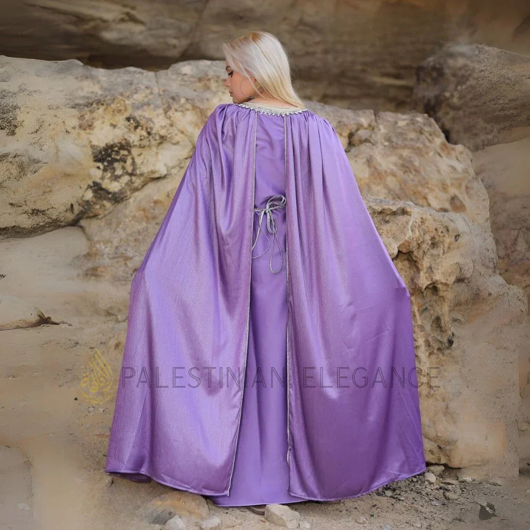 Lilac Moroccan Kaftan Cape back view on model with tied waist and flowing cape by Palestinian Elegance