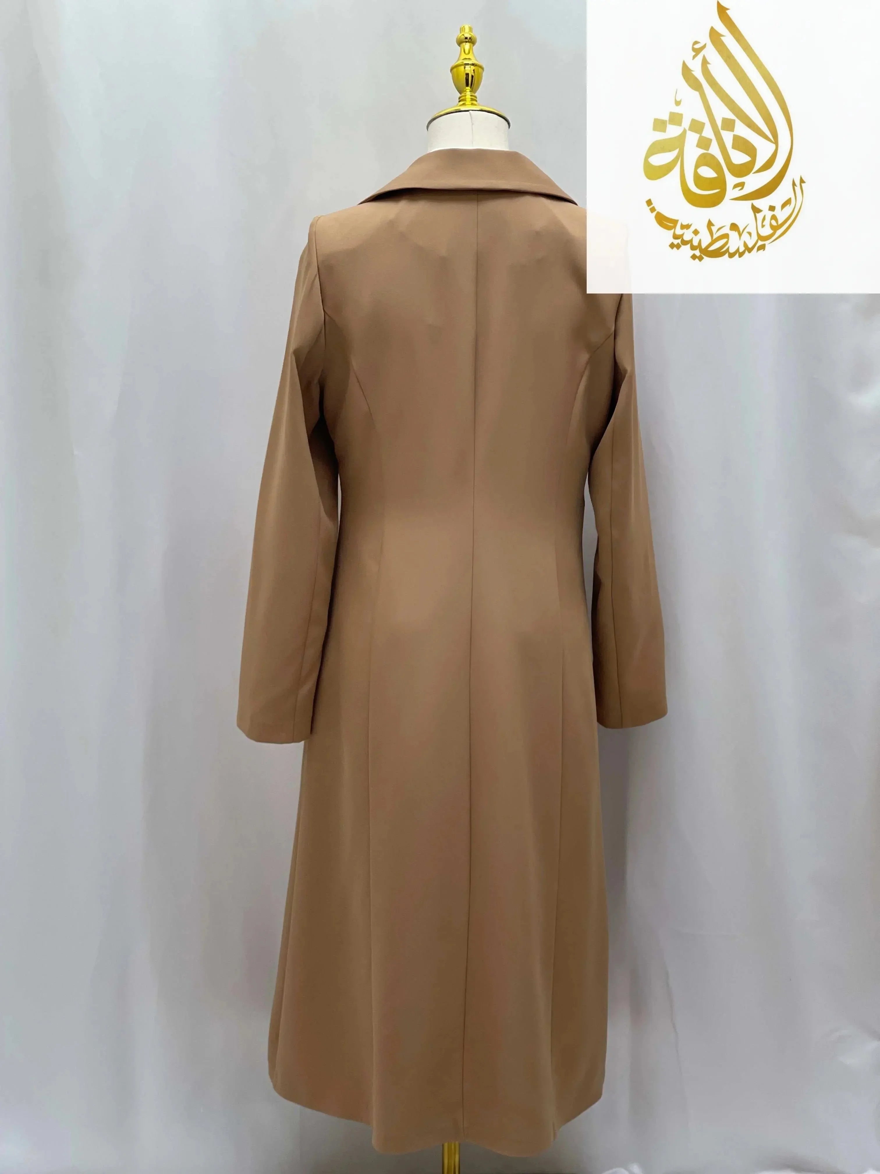 Back view of Palestinian Elegance Long Modesty Blazer in beige with long sleeves and tailored fit