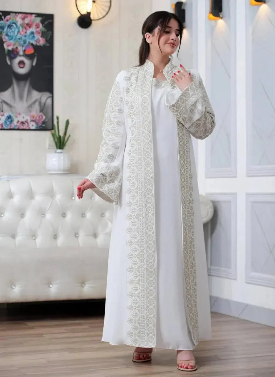 Luxurious Sanabel Kaftan Set - Gold & Silver Reed Silk Elegance Palestinian Elegance