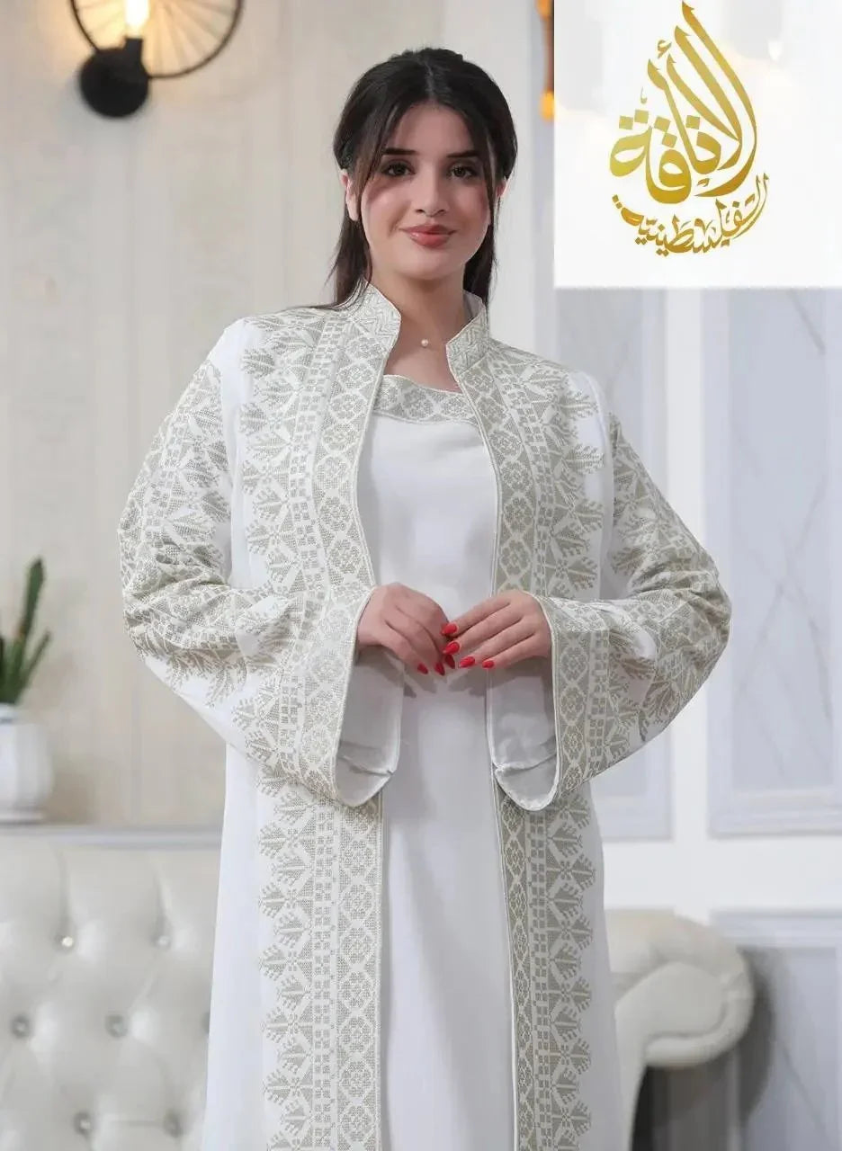 Luxurious Sanabel Kaftan Set - Gold & Silver Reed Silk Elegance Palestinian Elegance