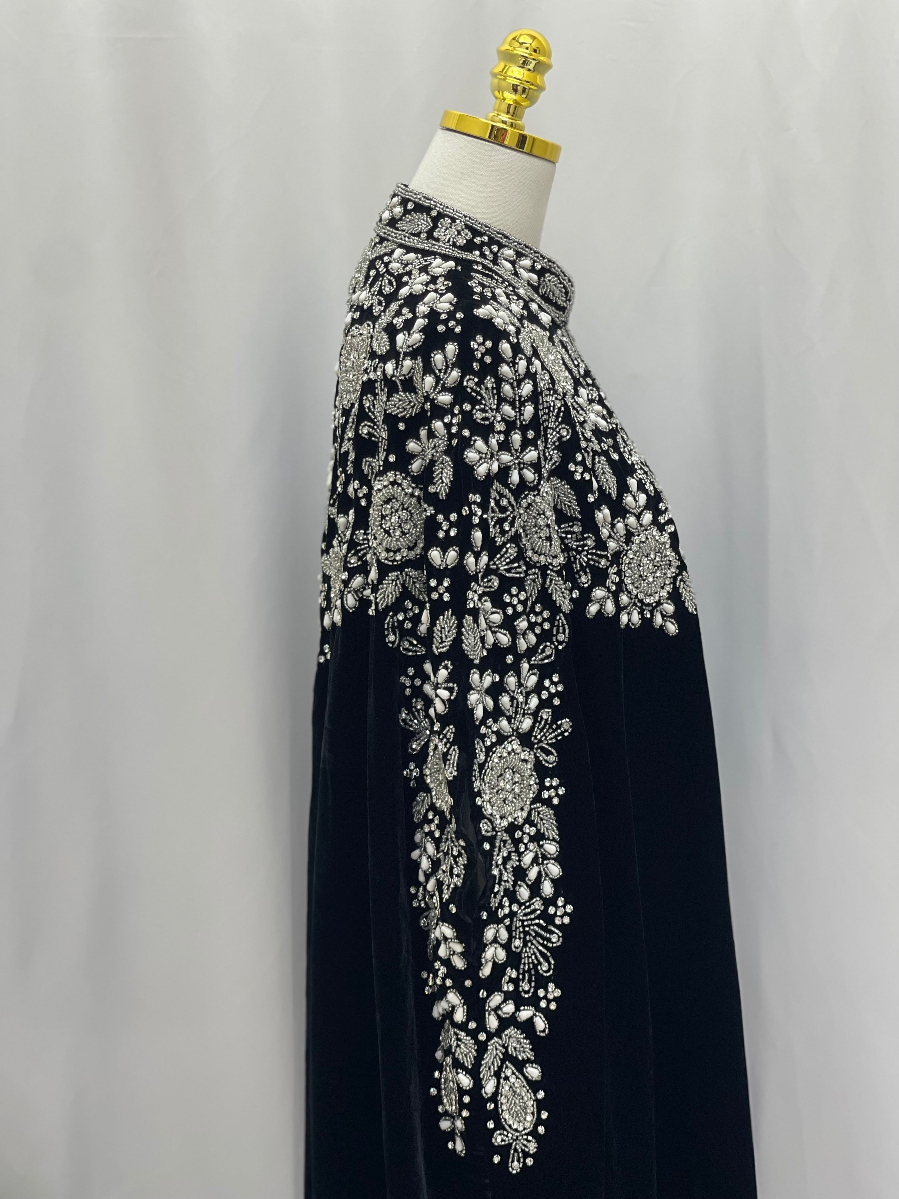 Palestinian Elegance black cardigan Velvet Embellished Cape with intricate silver embroidery on front and sleeves