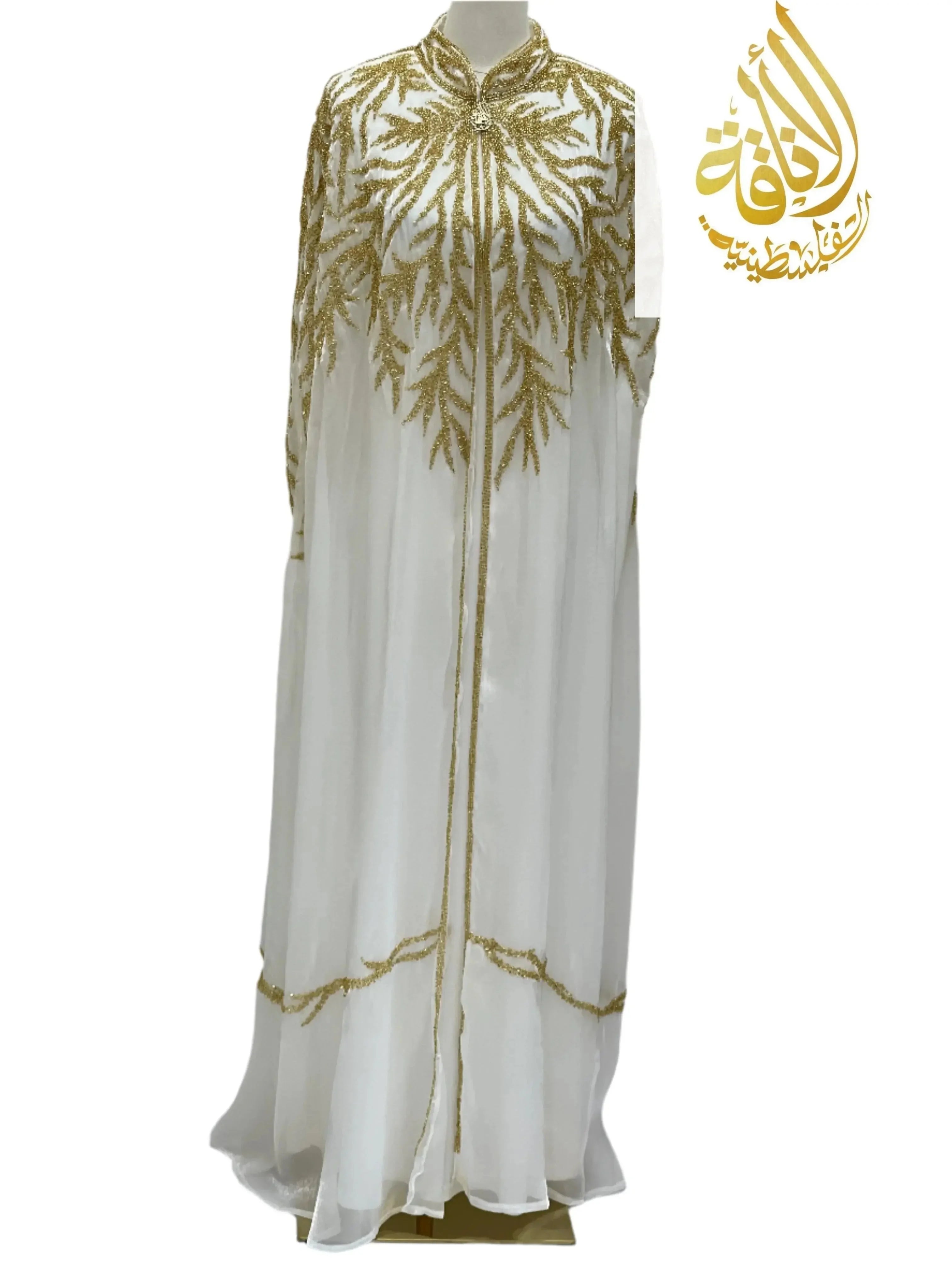 Luxury Majestic Embellished Cape white cardigan with intricate gold embroidery by Palestinian Elegance
