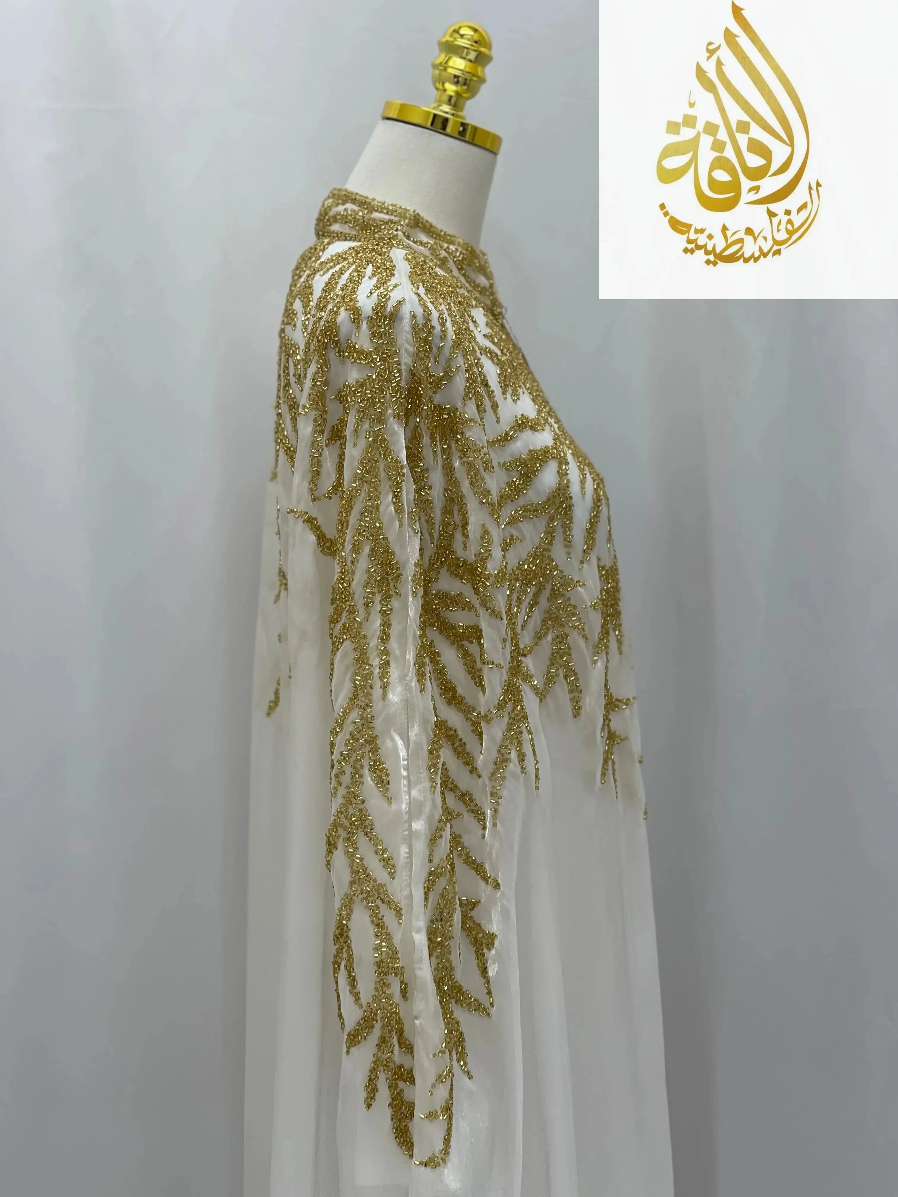 Palestinian Elegance Luxury Majestic Embellished Cape white cardigan with gold intricate beadwork