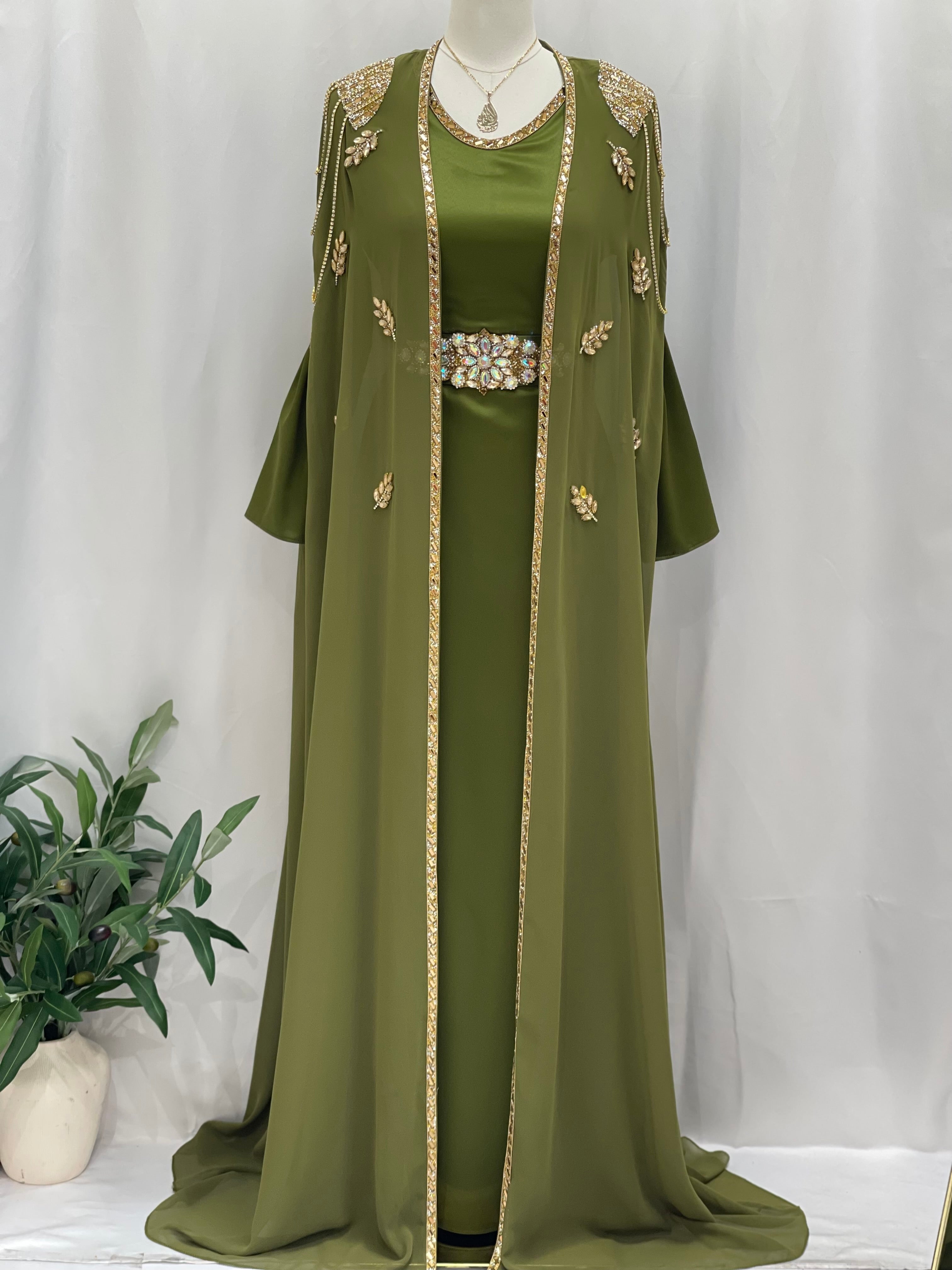 Palestinian Elegance luxury open abaya set in olive green with gold embroidery and jeweled belt